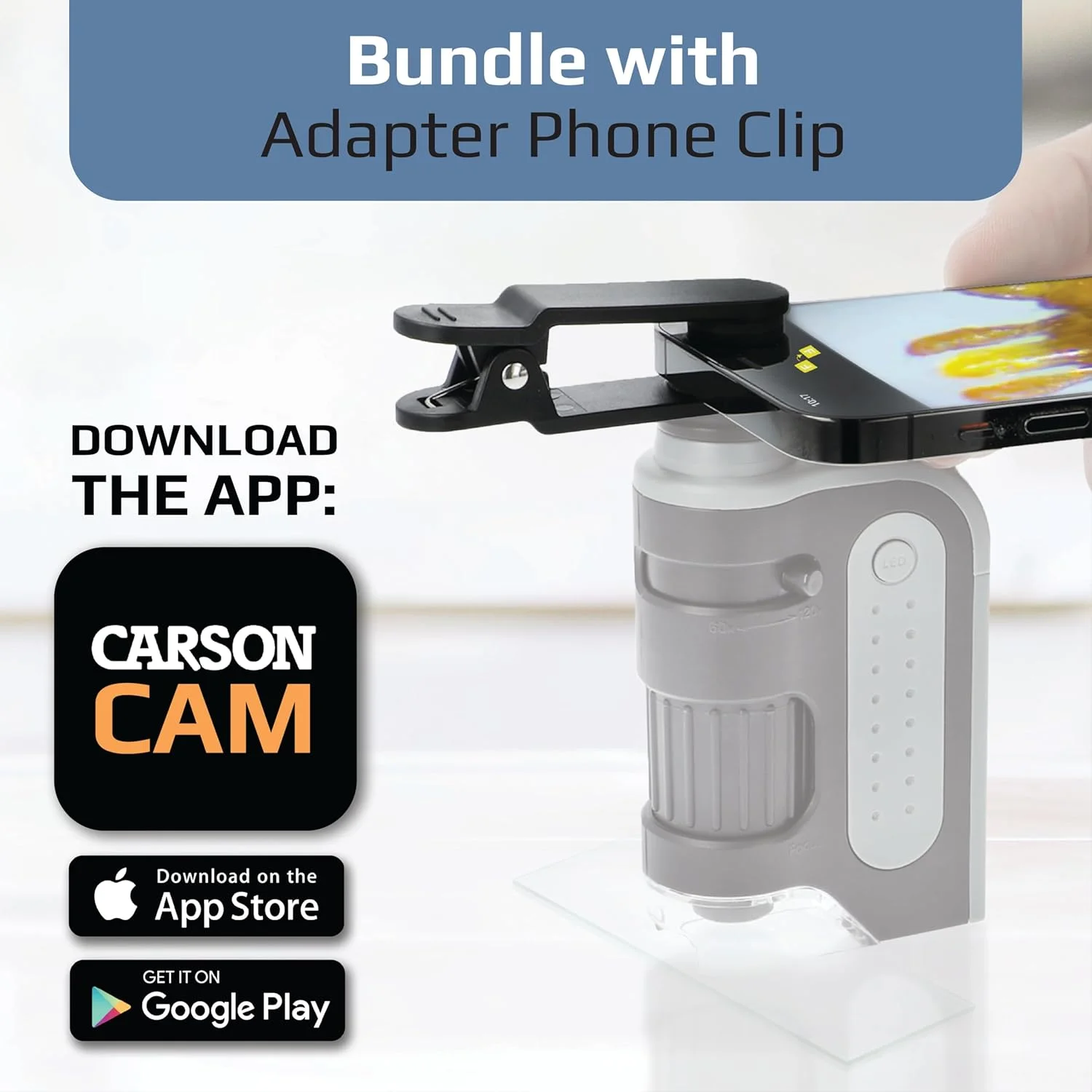 گیره آداپتور گوشی هوشمند کارسون برای میکروسکوپ جیبی LED دار MicroBrite Plus با بزرگنمایی 60x-120x به همراه برنامه CarsonCam، میکروسکوپ دیجیتال دستی قدرتمند (MM-310) می شود