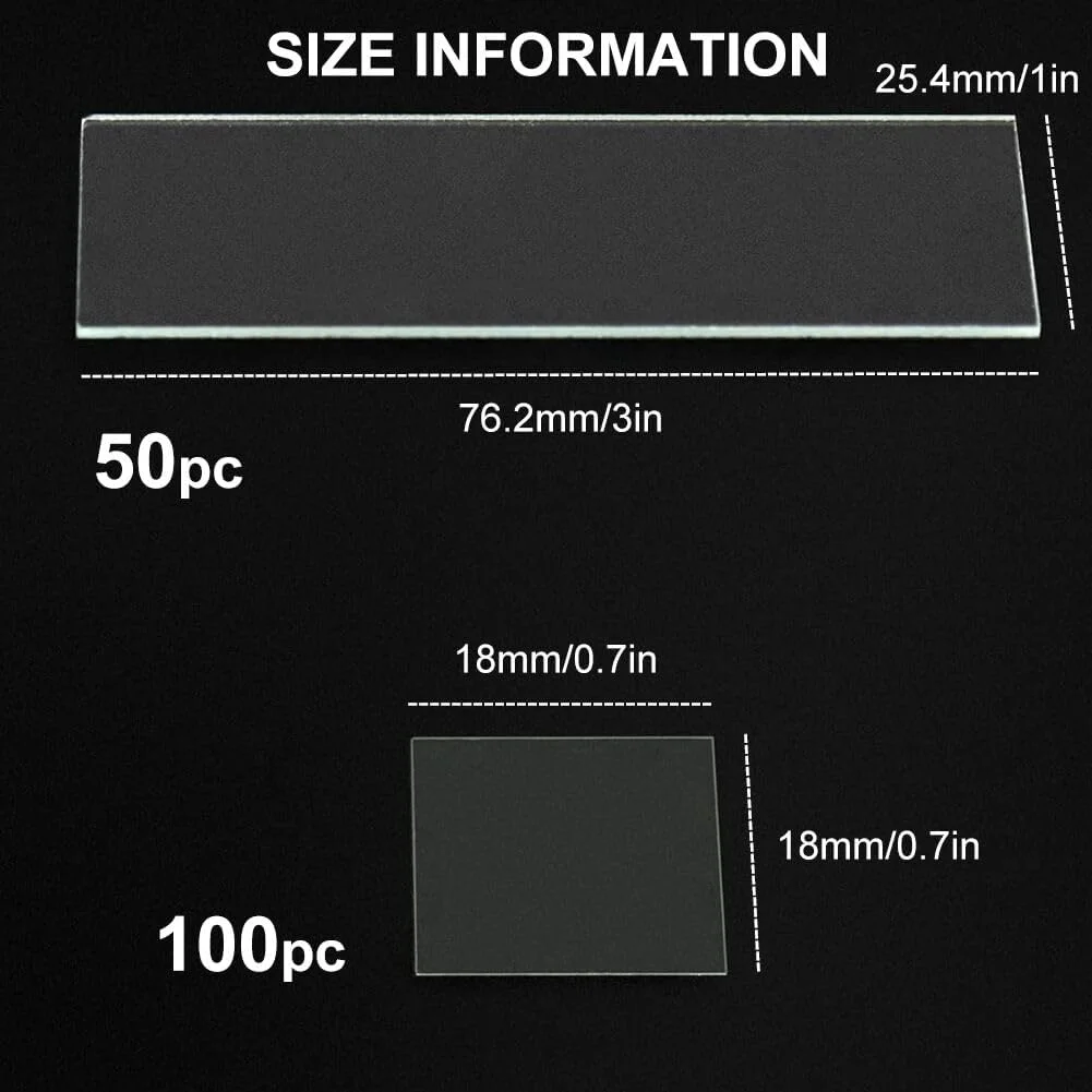 بسته ۱۰۰ عددی لامل + ۵۰ عدد اسلاید میکروسکوپ، لامل میکروسکوپ، اسلاید، اندازه ۱۰۰ عدد ۱۸ در ۱۸ میلی متر و اندازه ۵۰ عدد ۲۵.۴ در ۷۶.۲ میلی متر، مناسب برای آزمایشگاه زیست شناسی