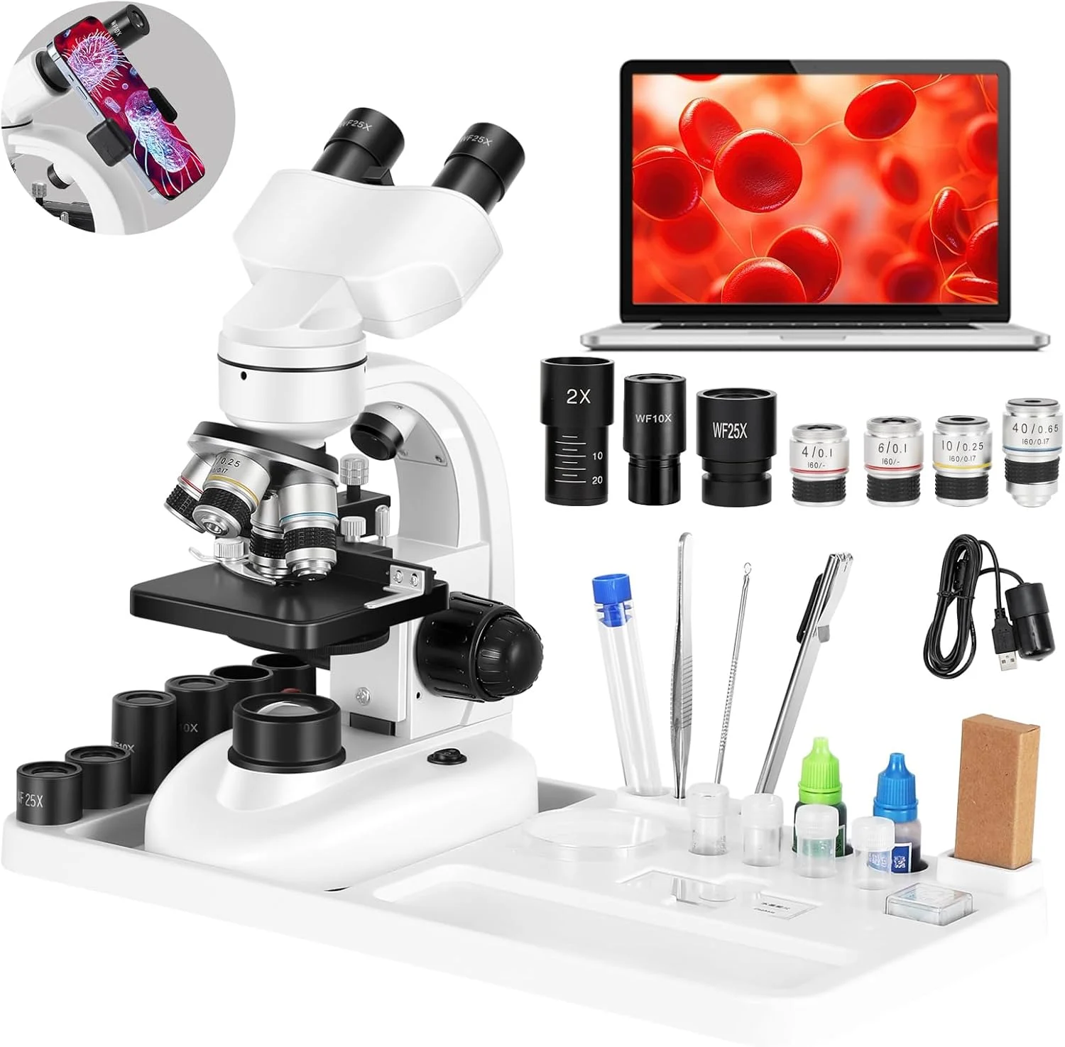 میکروسکوپ برای بزرگسالان، نورپردازی دوگانه LED و استیج مکانیکی دو لایه، میکروسکوپ بیولوژیکی برای بزرگسالان و دانش آموزان، شامل نگهدارنده تلفن و اسلایدهای میکروسکوپ آماده