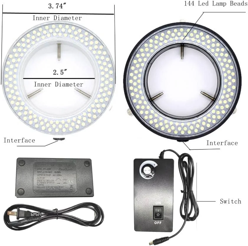حلقه نور LED برای میکروسکوپ، نور حلقه ای 144 LED قابل تنظیم برای میکروسکوپ استریو (سفید)