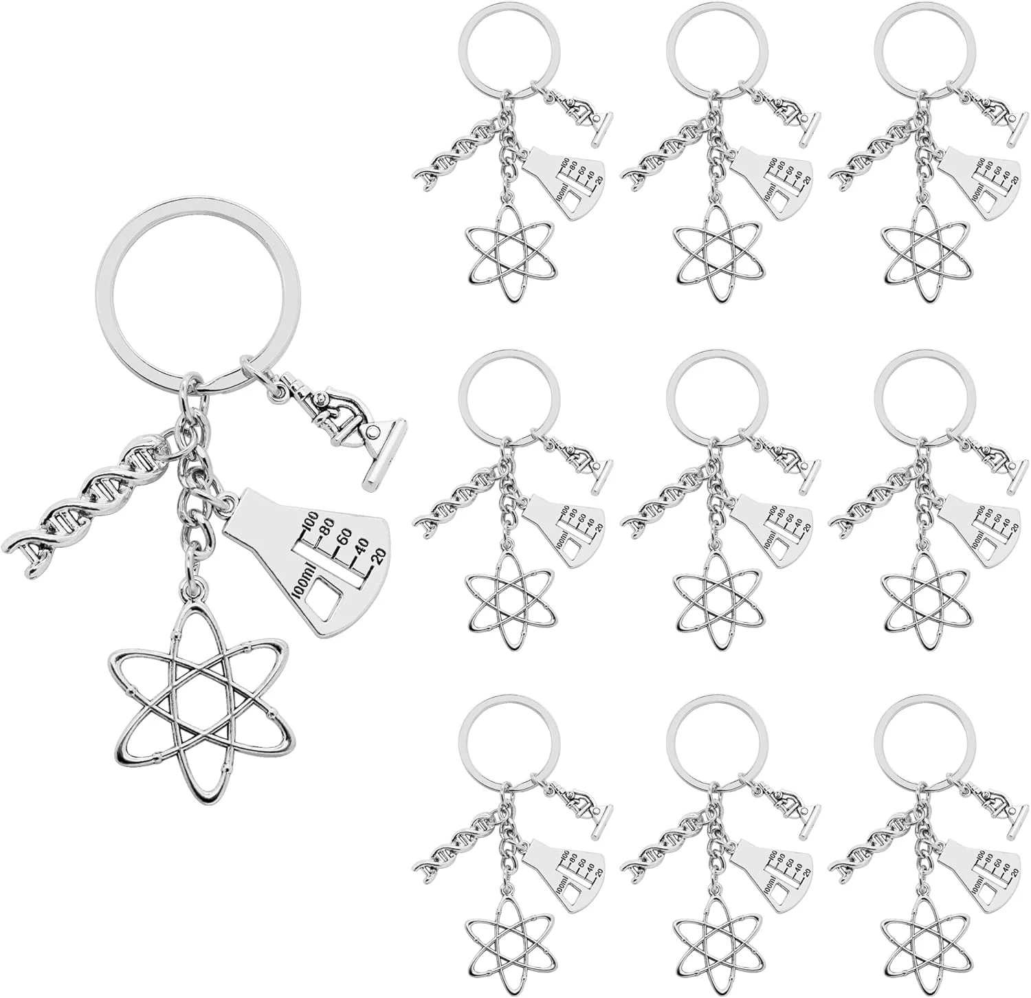 10 عدد جاکلیدی علمی آلیاژی با آویزهای DNA، بشر مدرج، میکروسکوپ و ساختار مولکولی، مناسب هدیه برای معلمان زیست شناسی و شیمی یا علاقه مندان به علم، نقره ای، 89 میلی متر
