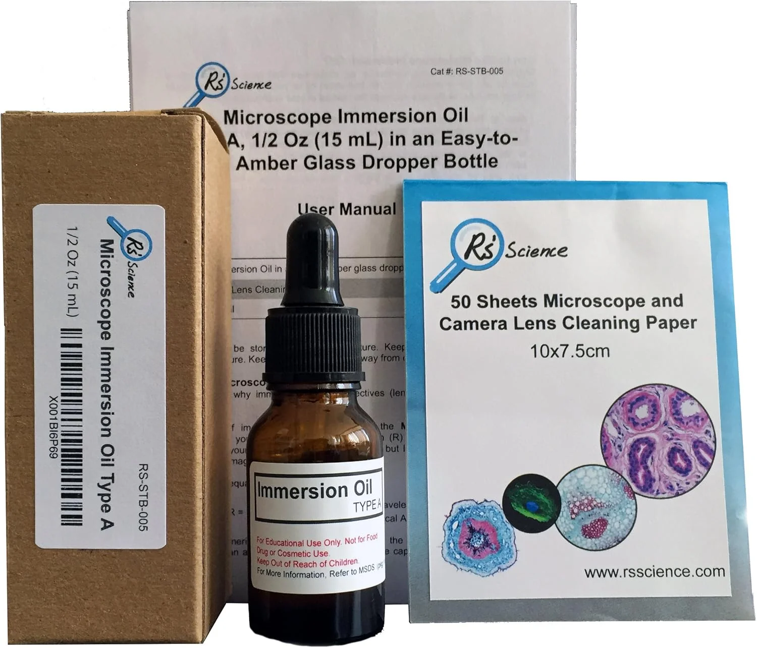 روغن ایمرسیون میکروسکوپ Rs' Science، نوع A، 1/2 اونس (15 میلی لیتر) در بطری شیشه ای کهربایی قطره چکان دار با کاربری آسان