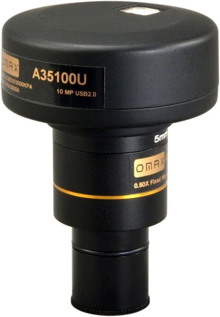 دوربین میکروسکوپ دیجیتال USB با کیفیت 10 مگاپیکسل OMAX به همراه نرم‌افزار پیشرفته و اسلاید کالیبراسیون (سازگار با ویندوز 8 و 10، مک او اس ایکس، لینوکس) 10 مگاپیکسل
