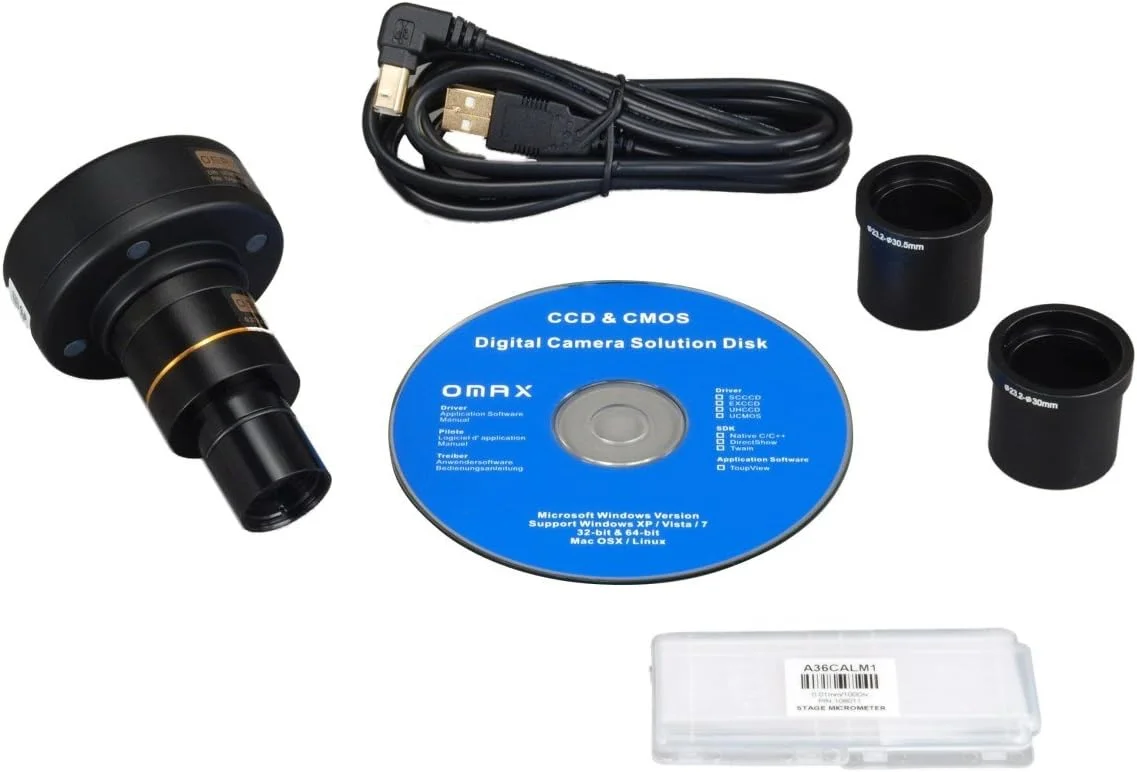 دوربین میکروسکوپ دیجیتال USB با کیفیت 10 مگاپیکسل OMAX به همراه نرم‌افزار پیشرفته و اسلاید کالیبراسیون (سازگار با ویندوز 8 و 10، مک او اس ایکس، لینوکس) 10 مگاپیکسل