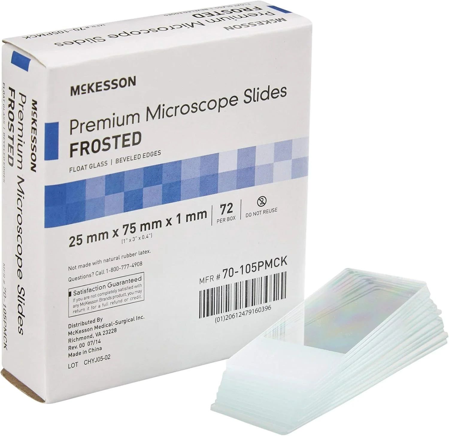 لام شیشه ای میکروسکوپ پریمیوم McKesson، شیشه شناور مات، لبه پخ دار، 25mm x 75mm x 1mm، بسته 72 عددی