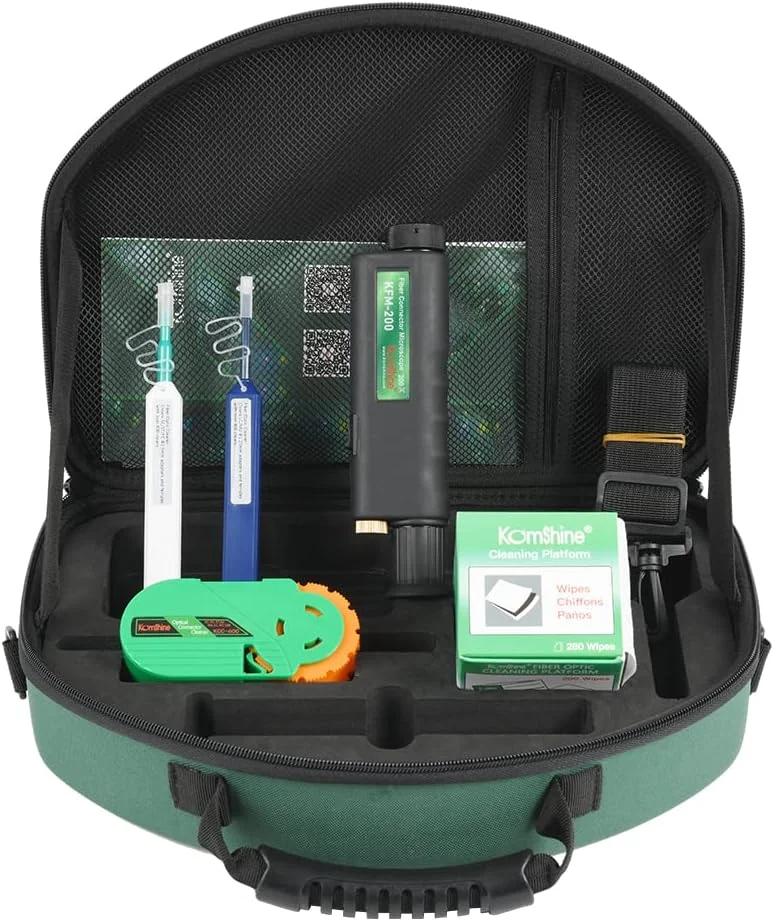 کیت بازرسی و تمیزکاری کانکتور فیبر نوری Komshine KCI-6E به همراه میکروسکوپ بازرسی فیبر نوری KIS-200 + تمیز کننده های کانکتور فیبر