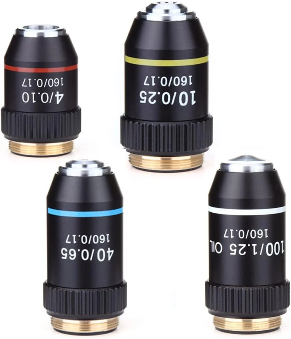 کیت لوازم جانبی میکروسکوپ، آماده سازی اسلاید، دوربین، لنزهای شیئی آکروماتیک میکروسکوپ، لنزهای میکروسکوپ بیولوژیکی 4X 10X 20X 40X 60X 100X (روغنی)، لنز شیئی آکروماتیک، لوازم جانبی میکروسکوپ با پوسته مشکی