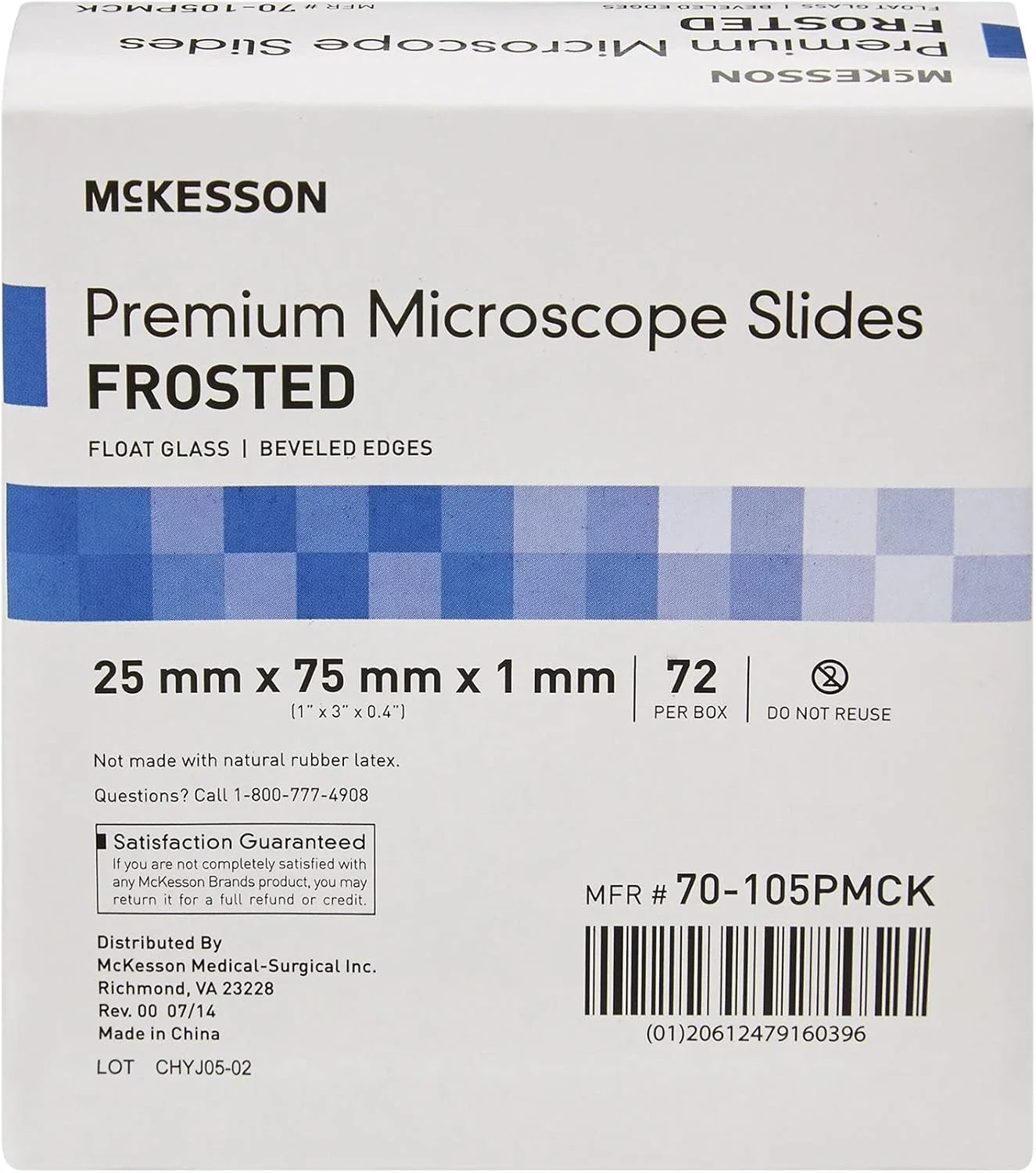 لام شیشه ای میکروسکوپ پریمیوم McKesson، شیشه شناور مات، لبه پخ دار، 25mm x 75mm x 1mm، بسته 72 عددی