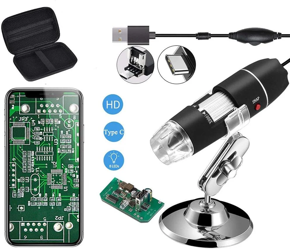 میکروسکوپ USB اصلی Jiusion 40-1000X، مشکی، نور LED، پایه فلزی، سازگار با تلفن هوشمند، کامپیوتر شخصی