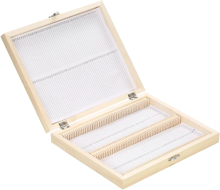 جعبه چوبی نگهداری اسلاید Irfora با 100 جایگاه و برگه فهرست محتویات برای اسلایدهای میکروسکوپ آماده