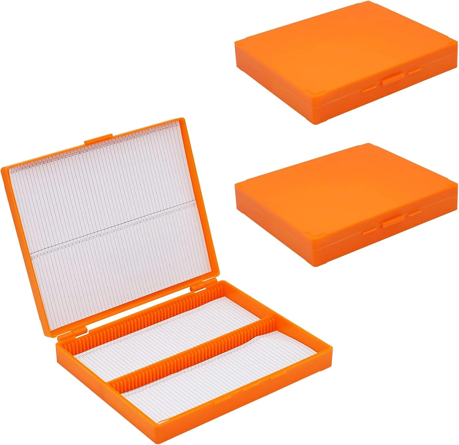 جعبه اسلاید میکروسکوپ، جعبه نگهداری اسلاید پلاستیکی 100 خانه، طول 21 سانتی متر، عرض 17 سانتی متر، ارتفاع 3.2 سانتی متر، بسته 3 عددی