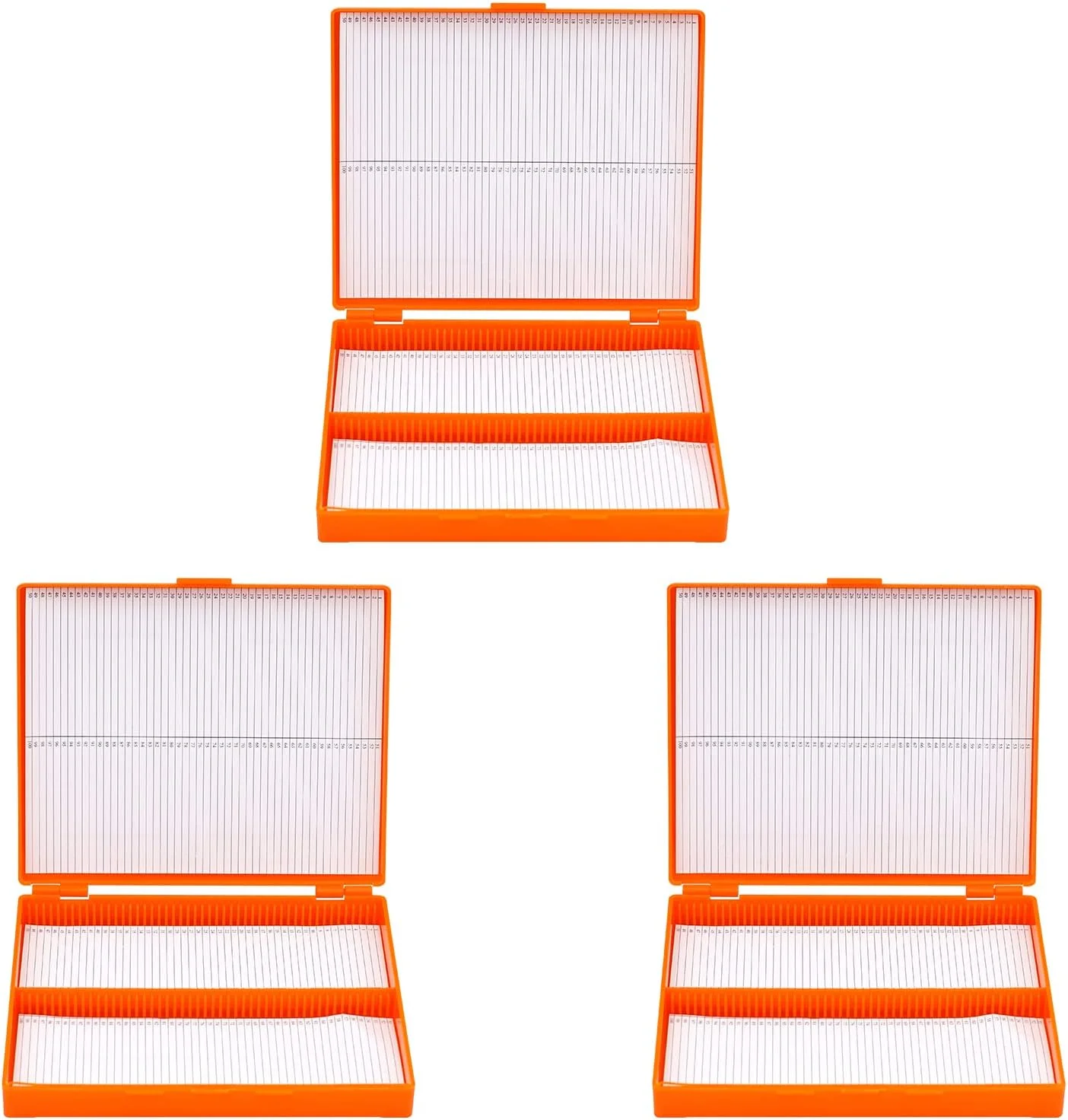 جعبه اسلاید میکروسکوپ، جعبه نگهداری اسلاید پلاستیکی 100 خانه، طول 21 سانتی متر، عرض 17 سانتی متر، ارتفاع 3.2 سانتی متر، بسته 3 عددی