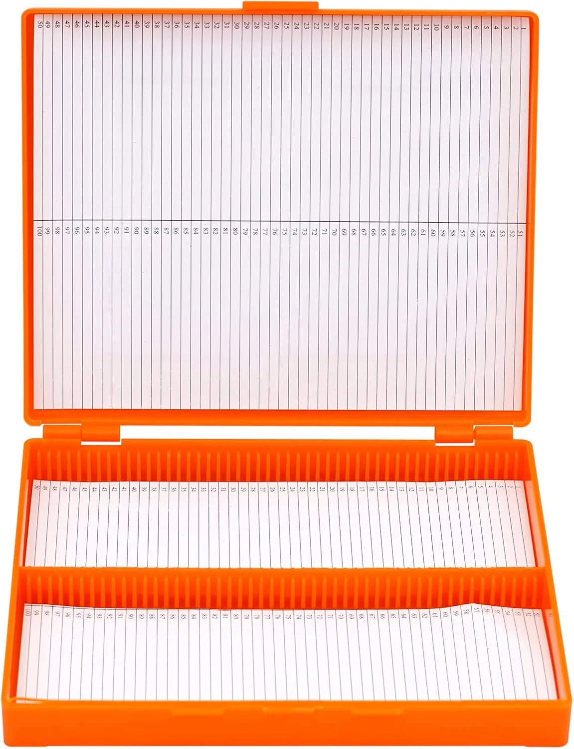 جعبه اسلاید میکروسکوپ، جعبه نگهداری اسلاید پلاستیکی 100 خانه، طول 21 سانتی متر، عرض 17 سانتی متر، ارتفاع 3.2 سانتی متر، بسته 3 عددی