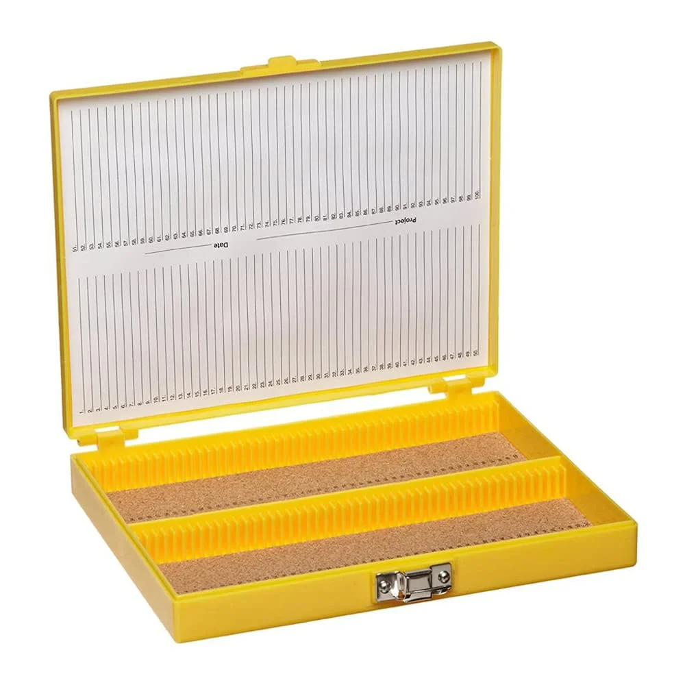 جعبه اسلاید میکروسکوپ ممتاز Heathrow Scientific، 100 خانه، چوب پنبه، زرد