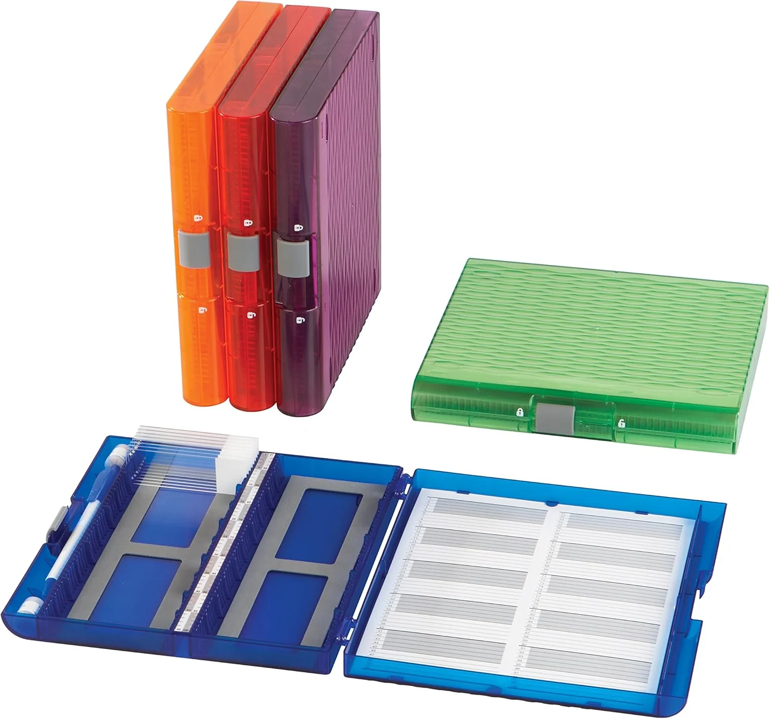 جعبه اسلاید میکروسکوپ پریمیوم پلاس Heathrow Scientific، ظرفیت 100 اسلاید، جعبه نگهداری اسلاید، کارت فهرست قابل جابجایی (بسته 5 عددی) 120593 5