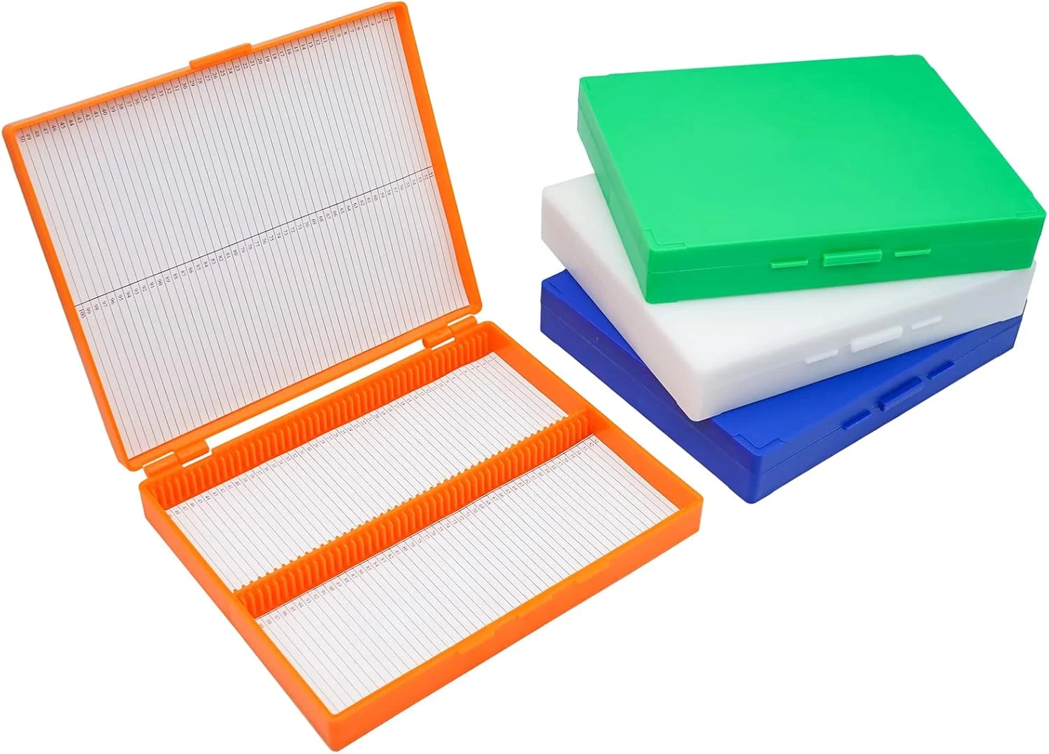 جعبه اسلاید میکروسکوپ 4 عددی، نگهدارنده اسلاید میکروسکوپ پلاستیکی 100 خانه ای، طول 21 سانتی متر x عرض 17 سانتی متر x ارتفاع 3.2 سانتی متر