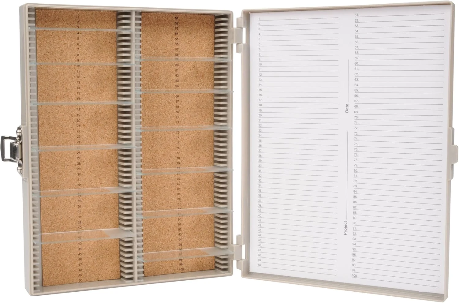 جعبه اسلاید میکروسکوپ 100 خانه خاکستری با پوشش چوب پنبه ای Heathrow Scientific، طول 21 سانتی متر x عرض 18 سانتی متر x ارتفاع 3.3 سانتی متر