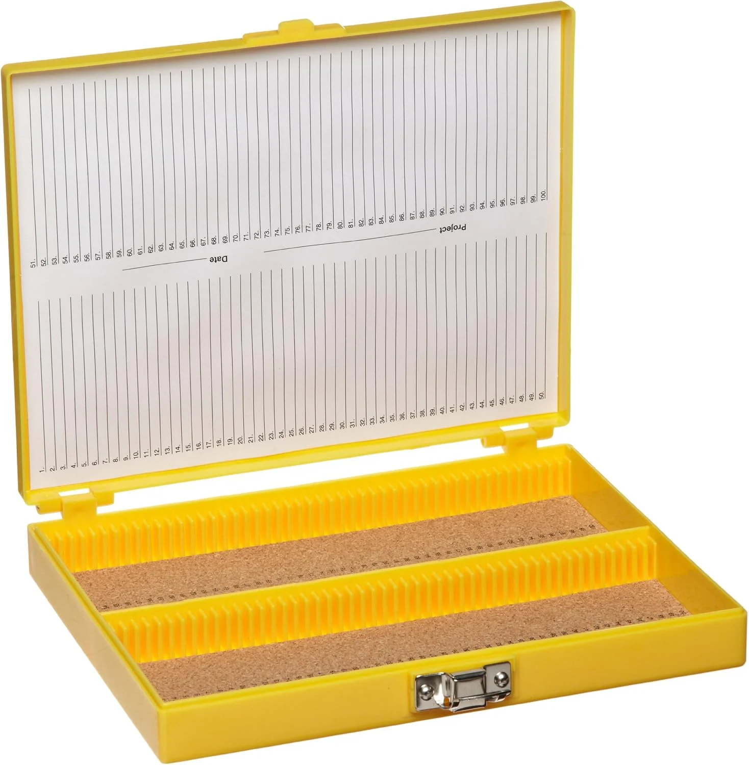 جعبه اسلاید میکروسکوپ 100 خانه با روکش چوب پنبه ای زرد Heathrow Scientific HD15994D، طول 21 سانتی متر x عرض 17.8 سانتی متر x ارتفاع 3.3 سانتی متر