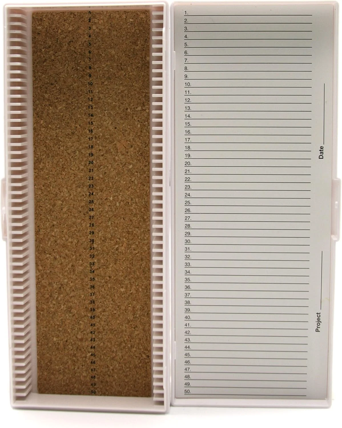 جعبه اسلاید میکروسکوپ 50 خانه ای با روکش چوب پنبه ای سفید Heathrow Scientific HD15996C، طول 21 سانتی متر، عرض 8.6 سانتی متر، ارتفاع 3.2 سانتی متر