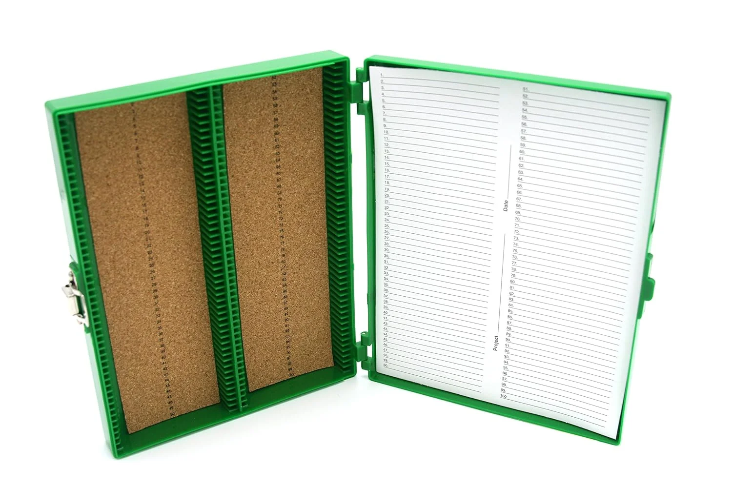 جعبه اسلاید میکروسکوپ Heathrow Scientific HD15994B، پوشش داخلی چوب پنبه، 100 خانه، طول 208 میلی متر x عرض 175 میلی متر x ارتفاع 34 میلی متر، سبز