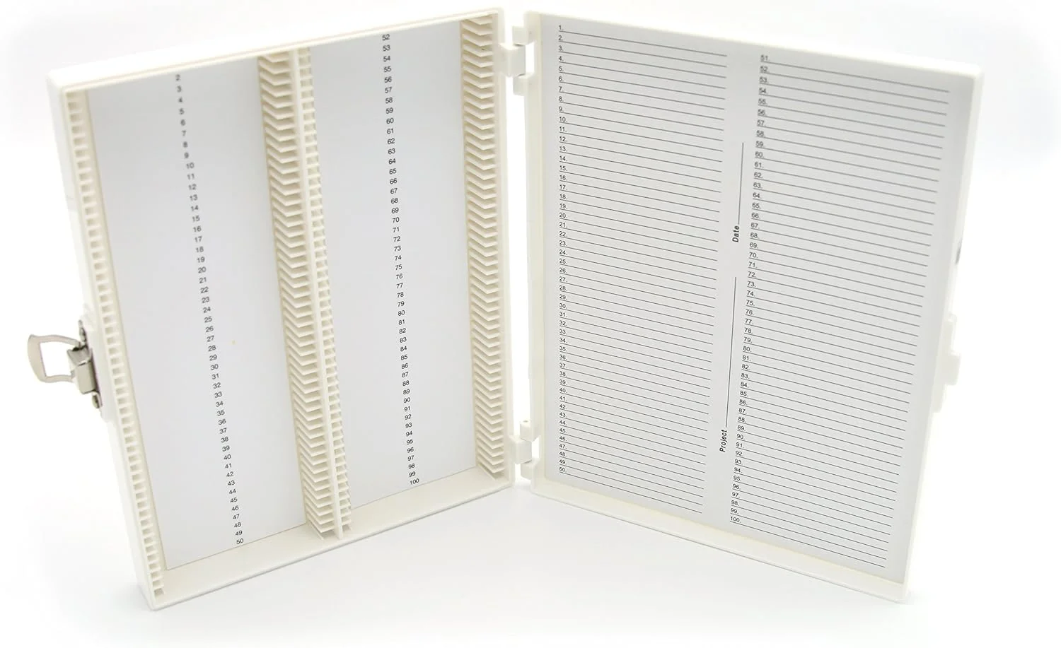 جعبه اسلاید میکروسکوپ Heathrow Scientific HD15994R با فوم سفید، 100 خانه، طول 21 سانتی‌متر، عرض 18 سانتی‌متر، ارتفاع 3.3 سانتی‌متر