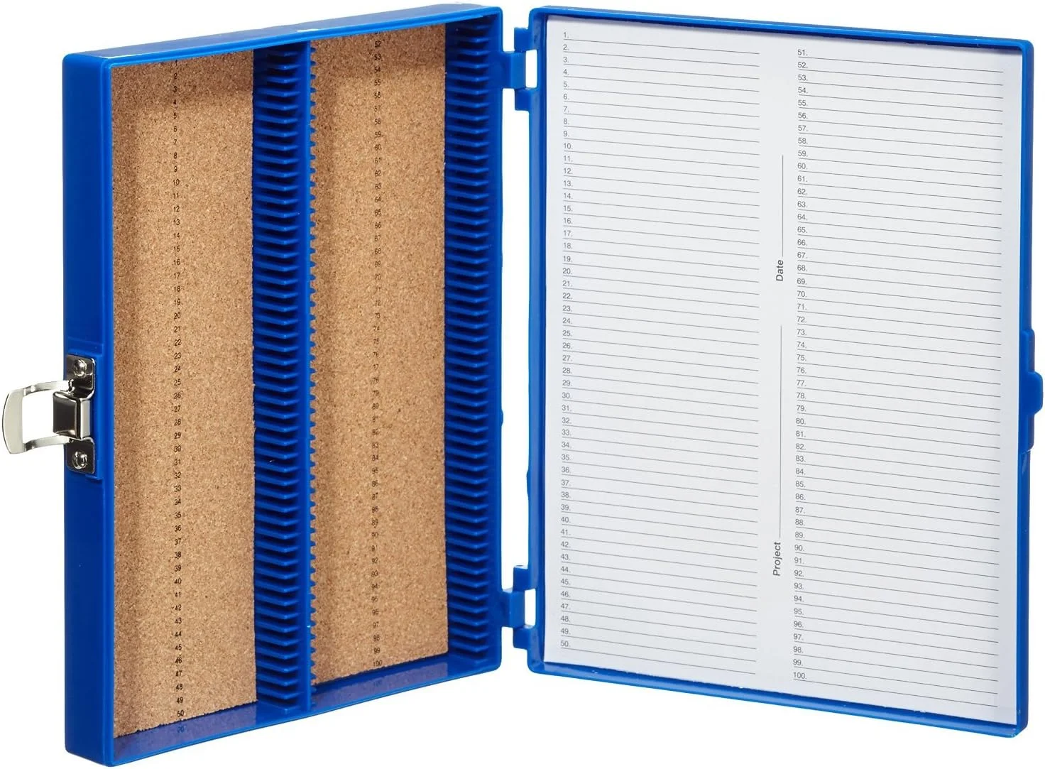 جعبه اسلاید میکروسکوپ 100 خانه با پوشش چوب پنبه ای آبی رنگ Heathrow Scientific HD15994A، طول 21 سانتی متر، عرض 17.8 سانتی متر، ارتفاع 3.3 سانتی متر