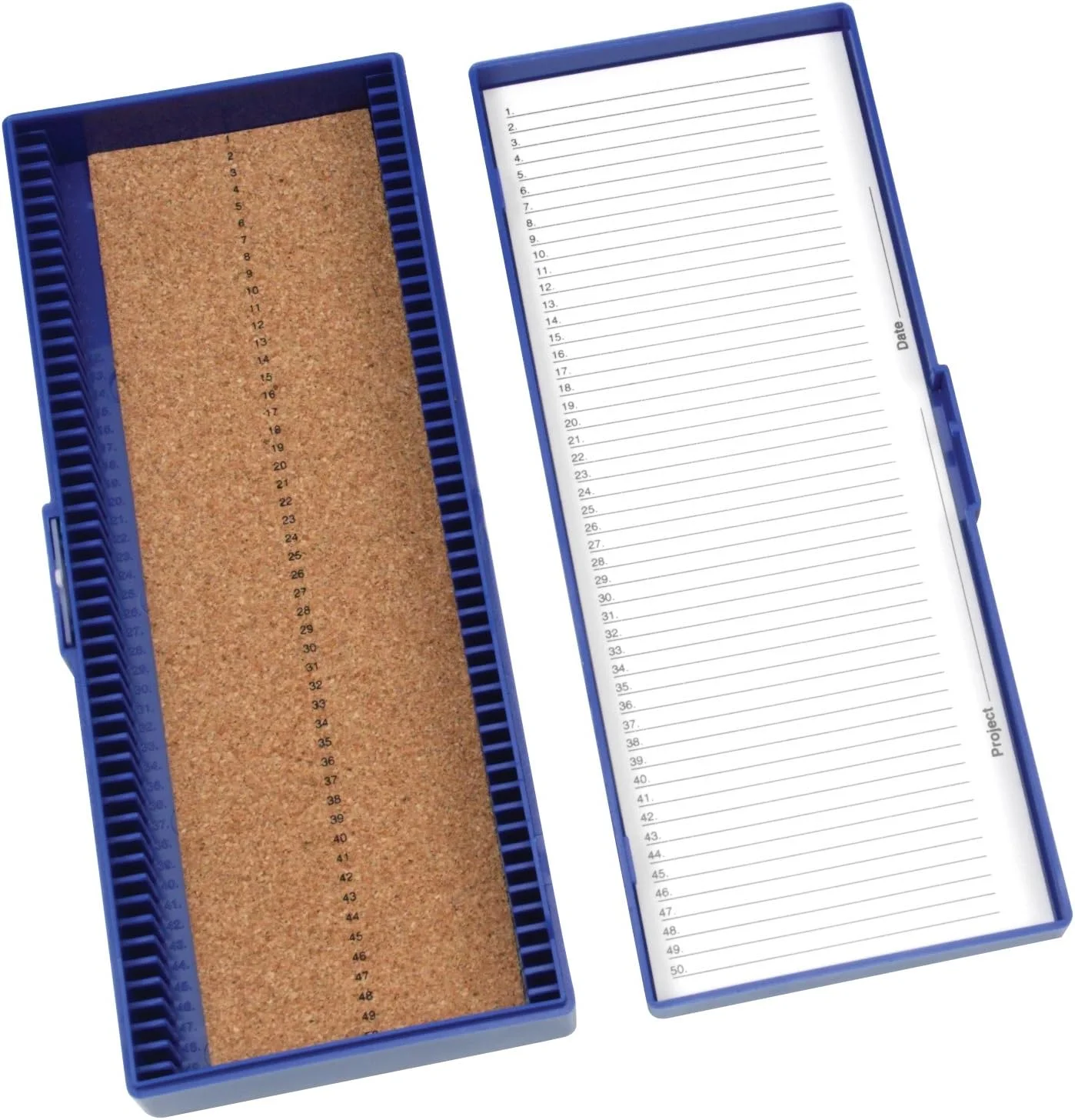 جعبه اسلاید میکروسکوپ 50 خانه ای Heathrow Scientific HD15996A با روکش چوب پنبه ای آبی، طول 21 سانتی متر، عرض 8.6 سانتی متر، ارتفاع 3.2 سانتی متر