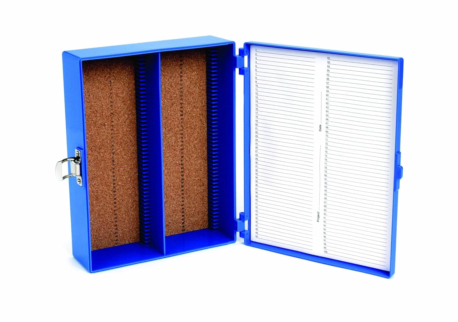 جعبه اسلاید بلند و مقاوم ABS هیترو ساینتیفیک HD15979A آبی، عرض 208 میلی‌متر، ارتفاع 175 میلی‌متر، عمق 60 میلی‌متر، 100 خانه