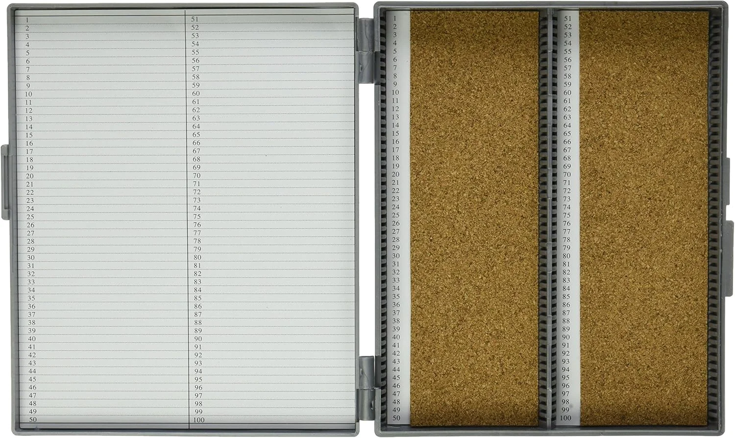 جعبه نگهداری اسلاید پلاستیکی ABS گلوب ساینتیفیک مدل 513079A، مناسب برای 100 اسلاید، دارای پوشش چوب پنبه، خاکستری