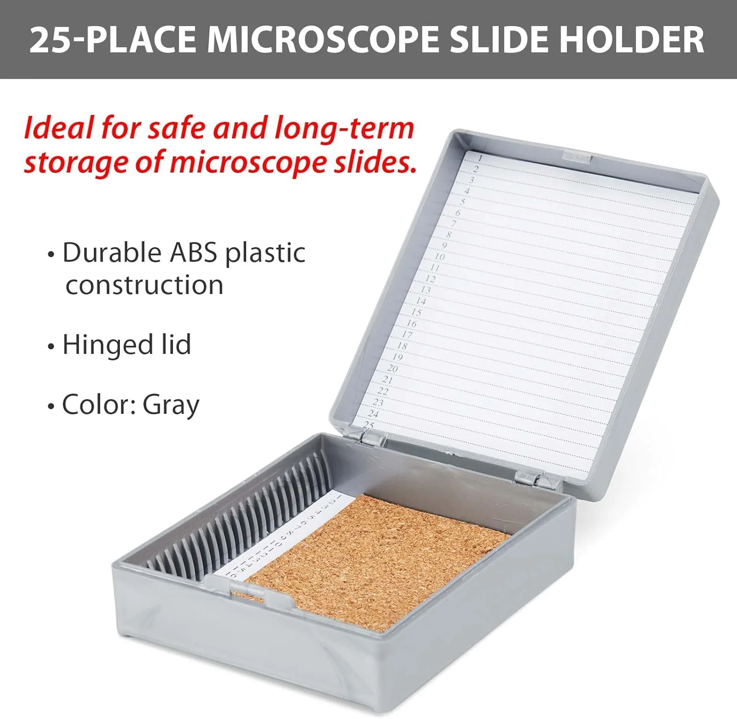 جعبه نگهداری اسلاید Globe Scientific 513075A از جنس پلاستیک ABS با پوشش چوب پنبه ای، مناسب برای 25 اسلاید، خاکستری