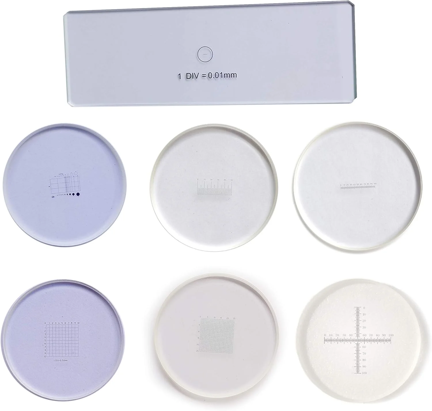 میکرومتر چشمی میکروسکوپ MUHWA، شبکه های اندازه گیری، میکرومتر چشمی شیشه ای، خط کش کالیبراسیون چشمی شامل 1 میکرومتر استیج و 6 میکرومتر چشمی