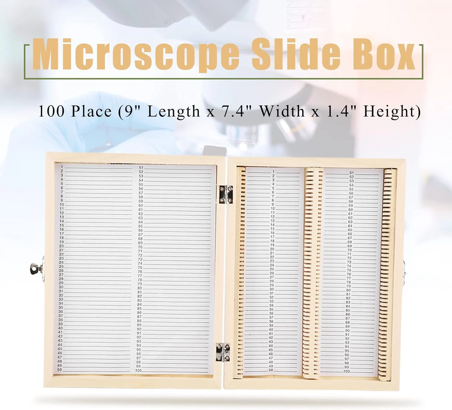 جعبه نگهداری اسلاید میکروسکوپ آکوجیدور، جعبه چوبی 100 خانه ای با قفل، جعبه نگهداری اسلایدهای میکروسکوپ شیشه ای آزمایشگاهی.