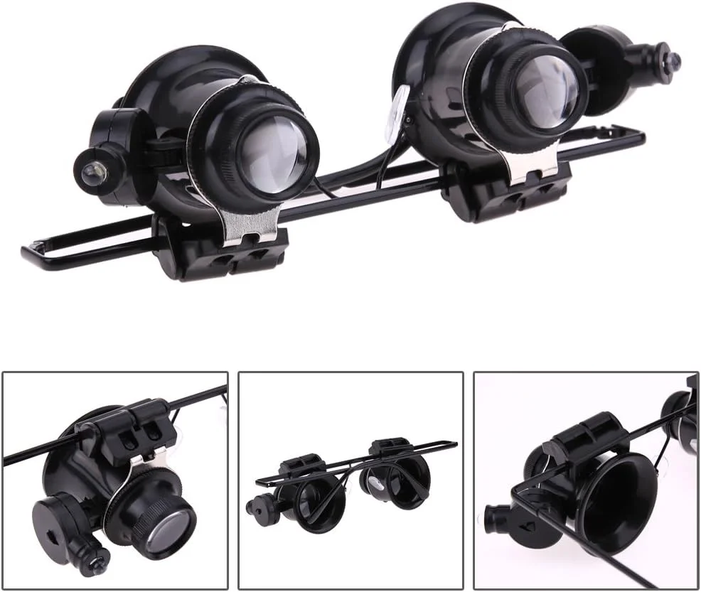 عینک ذره بینی دو چشمی با بزرگنمایی 20 برابر و چراغ LED برای تعمیرات عینک ذره بینی دو چشمی با بزرگنمایی 20 برابر و چراغ LED برای تعمیرات