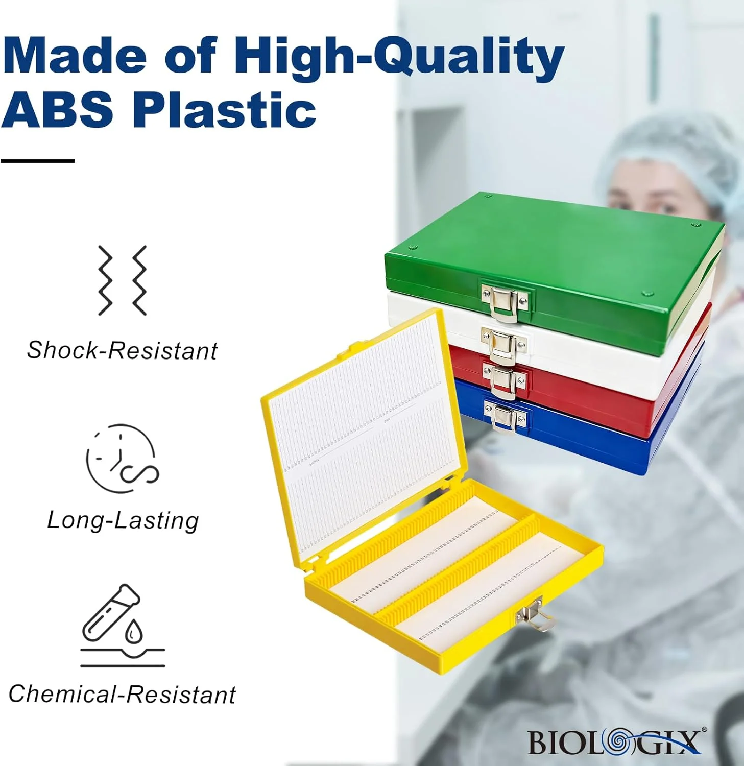 جعبه نگهداری اسلاید میکروسکوپ 5 عددی، نگهدارنده اسلاید میکروسکوپ پلاستیکی 100 خانه با آستر فوم برای میکرواسکوپ 25mm × 75mm، رنگ های متنوع