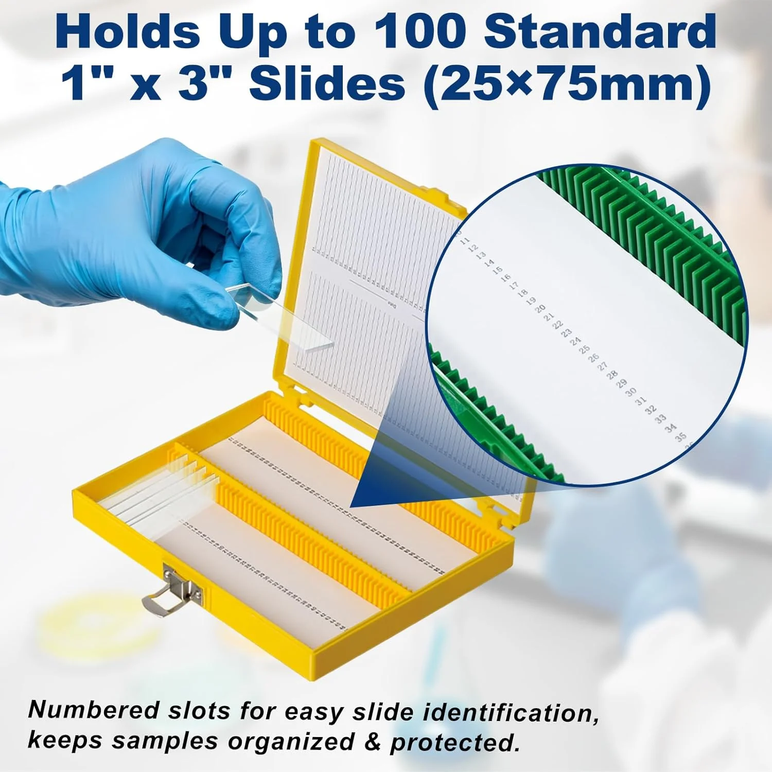 جعبه نگهداری اسلاید میکروسکوپ 5 عددی، نگهدارنده اسلاید میکروسکوپ پلاستیکی 100 خانه با آستر فوم برای میکرواسکوپ 25mm × 75mm، رنگ های متنوع