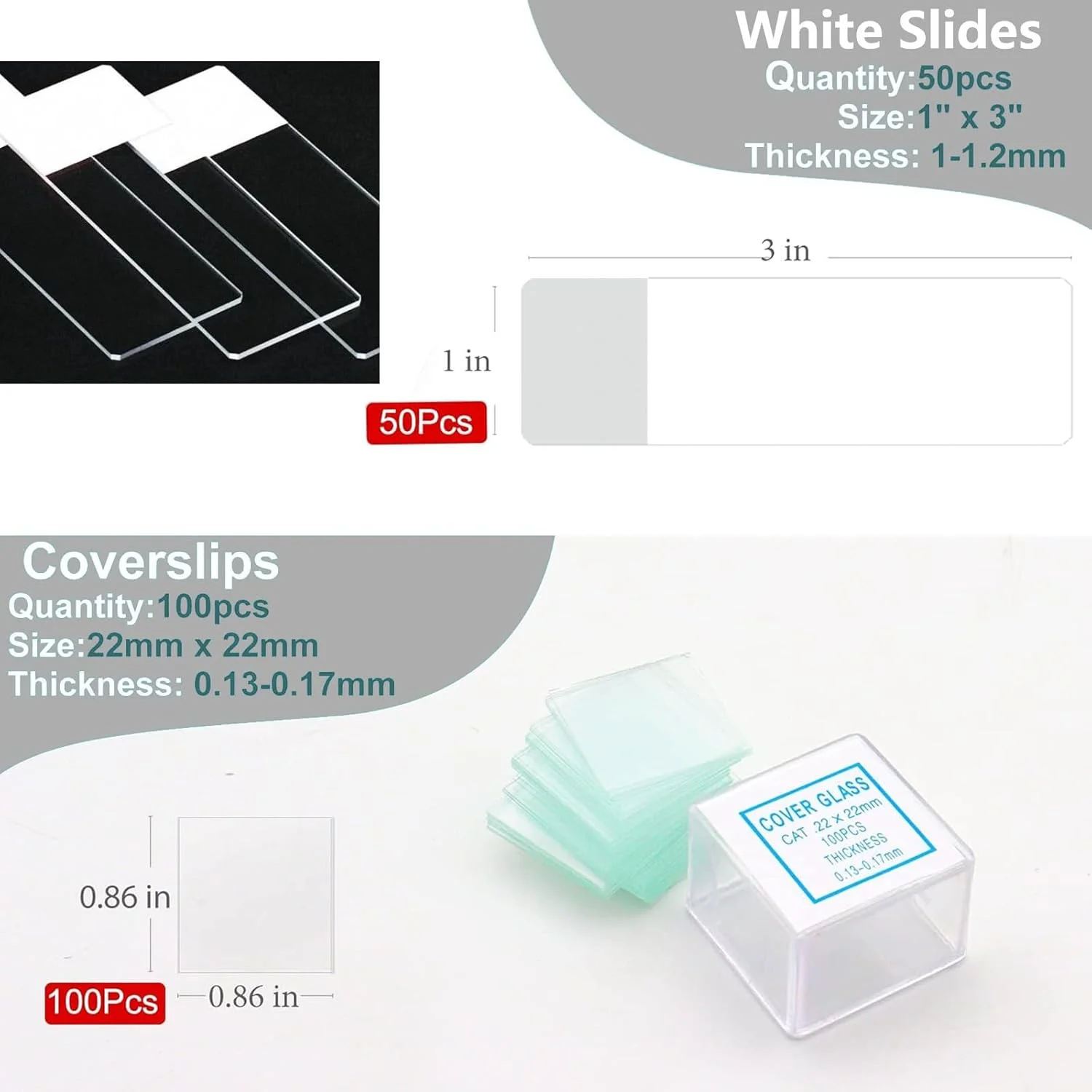 ۵۰ عدد اسلاید میکروسکوپ مات سفید رنگ با ۱۰۰ عدد شیشه پوششی مربعی ۲۲x۲۲ میلی‌متری برای میکروسکوپ‌ها