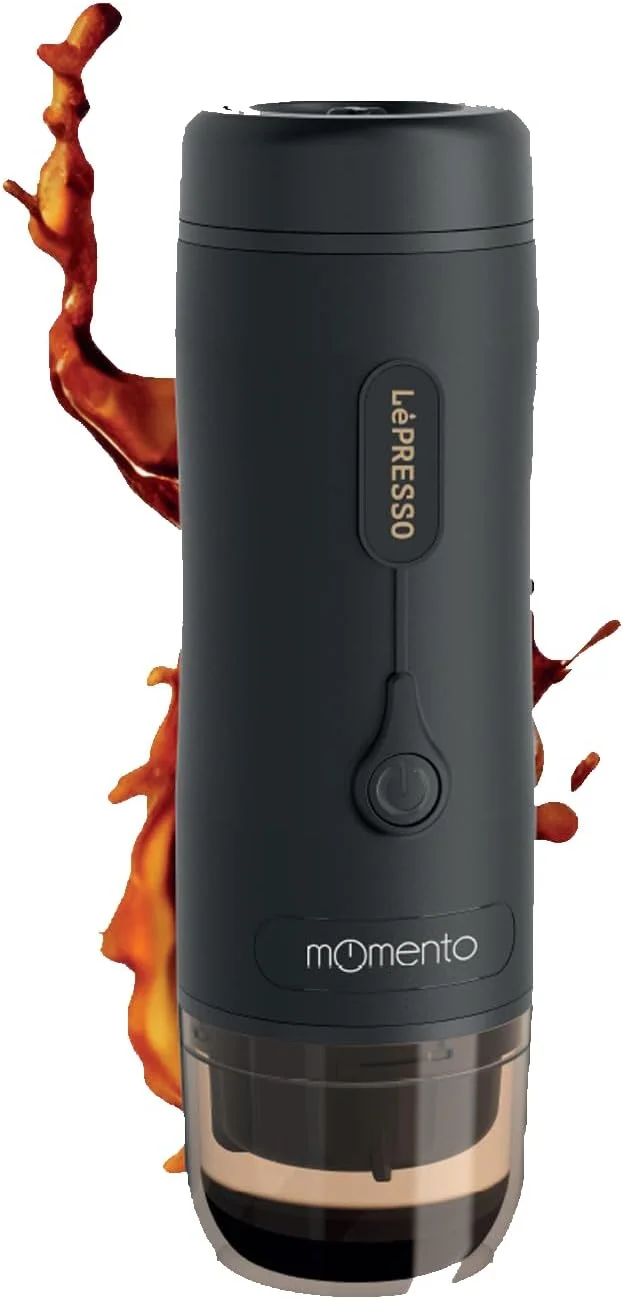 دستگاه قهوه ساز اسپرسو قابل حمل LePresso Momento 2.0، توان 75 وات، باتری 2500 میلی آمپر، مناسب سفر، ماجراجویی در فضای باز، اسپرسو ساز قابل حمل - مشکی