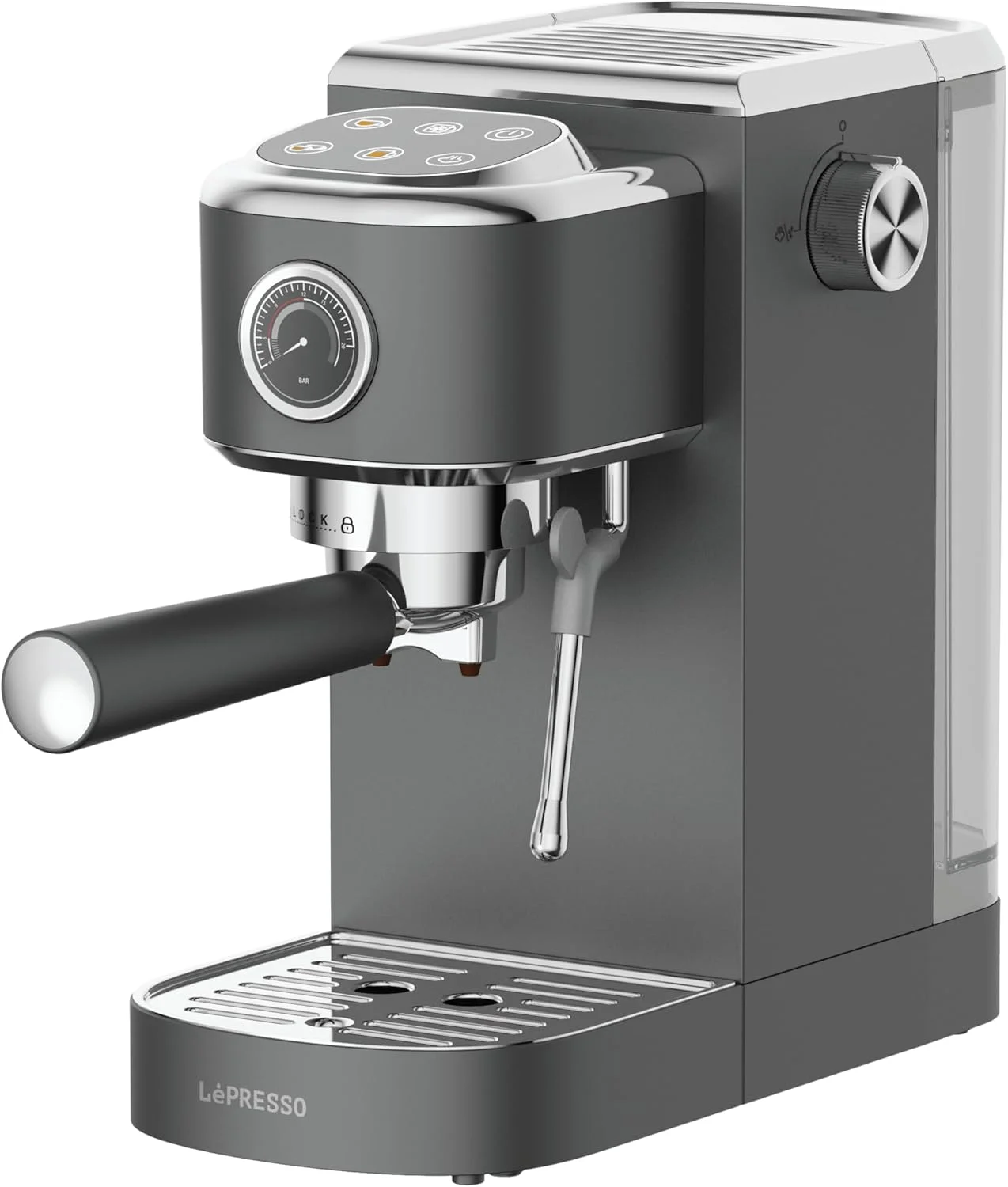 دستگاه قهوه ساز نیمه اتوماتیک LePresso با دیگ بخار قدرتمند، دستگاه اسپرسو ساز با قابلیت تهیه قهوه سرد و گرم، 20 بار، کنترل PCB با 6 دکمه لمسی، بدنه استیل ضد زنگ، توان 1350 وات با نازل بخار