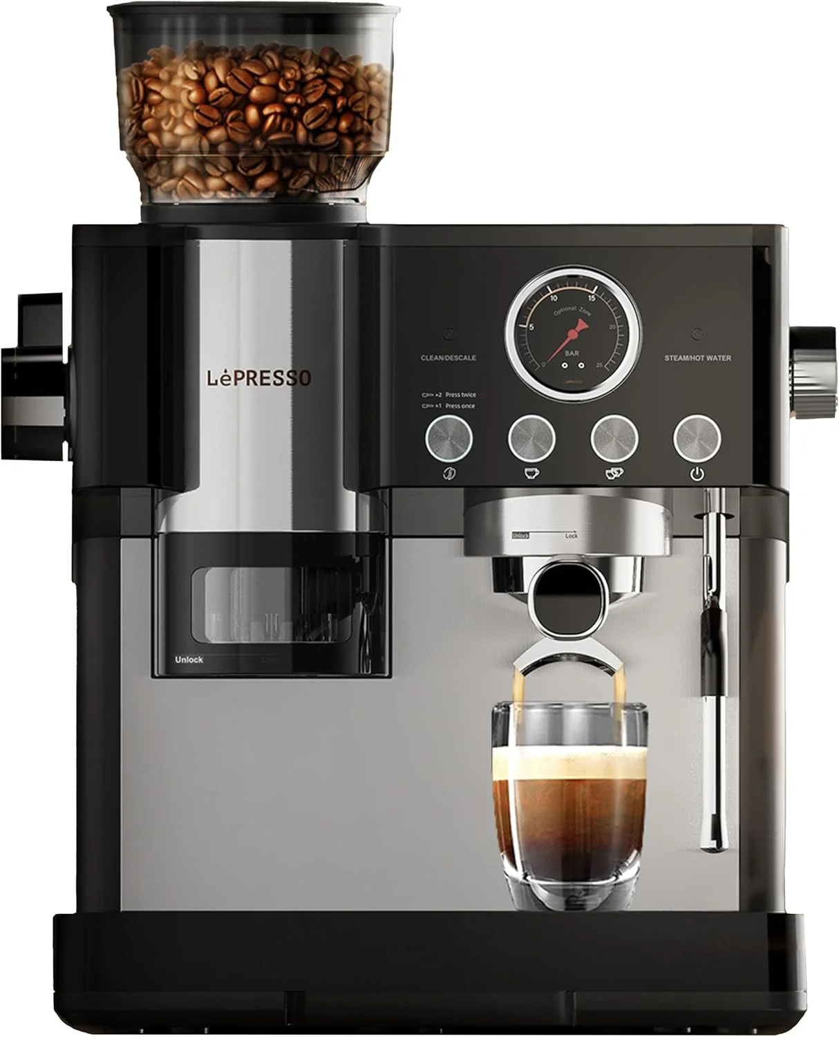 دستگاه اسپرسوساز نیمه اتوماتیک LePresso با آسیاب قابل تنظیم، دستگاه اسپرسو با سیستم تمپینگ هوشمند، پرتافیلتر صنعتی 58 میلی متری، پمپ 19 بار، گزینه های مختلف دم کردن، ظرفیت بزرگ مخزن آب