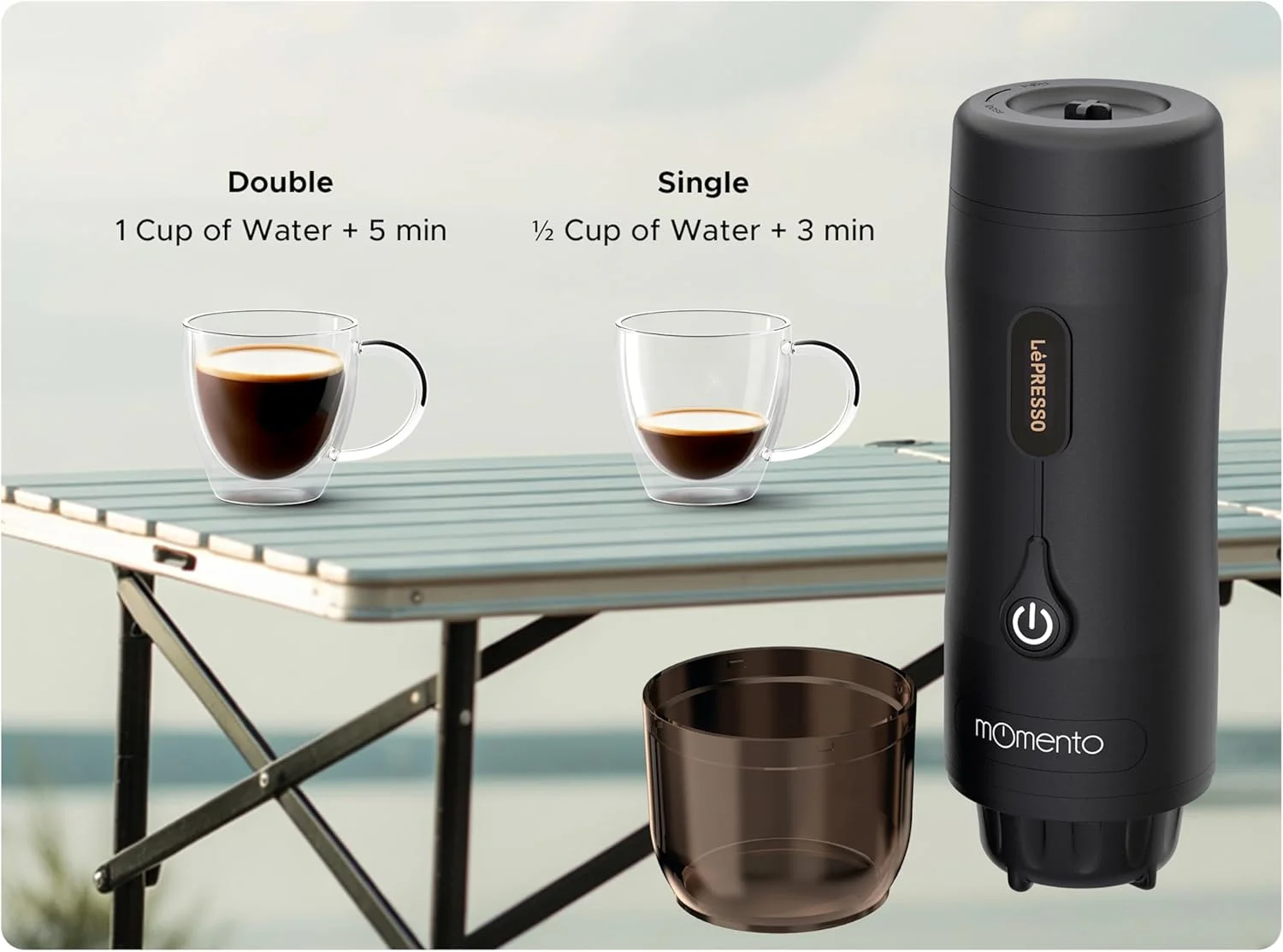 دستگاه قهوه ساز اسپرسو قابل حمل LePresso Momento 2.0، توان 75 وات، باتری 2500 میلی آمپر، مناسب سفر، ماجراجویی در فضای باز، اسپرسو ساز قابل حمل - مشکی