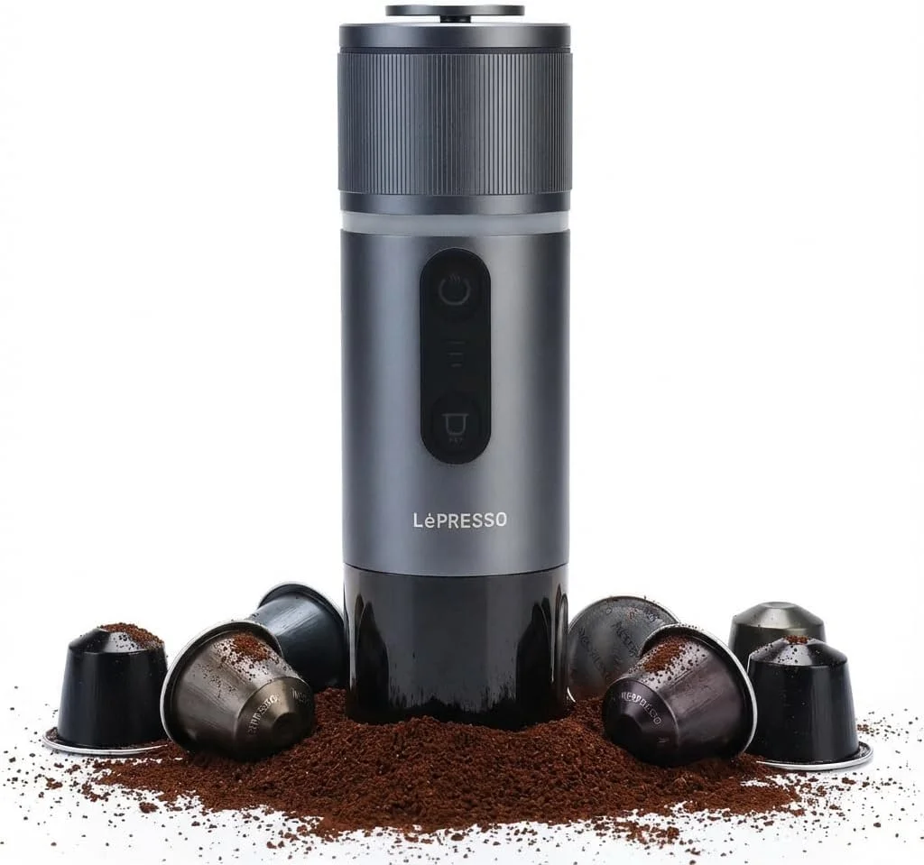 دستگاه اسپرسوساز قابل حمل LePresso، دستگاه اسپرسوساز 2 در 1 کپسولی و پودر قهوه، دستگاه قهوه ساز با عملکرد تک لمسی، پمپ 18 بار، دستگاه قهوه ساز با زمان دم کردن سریع برای خانه، فضای باز، کمپینگ