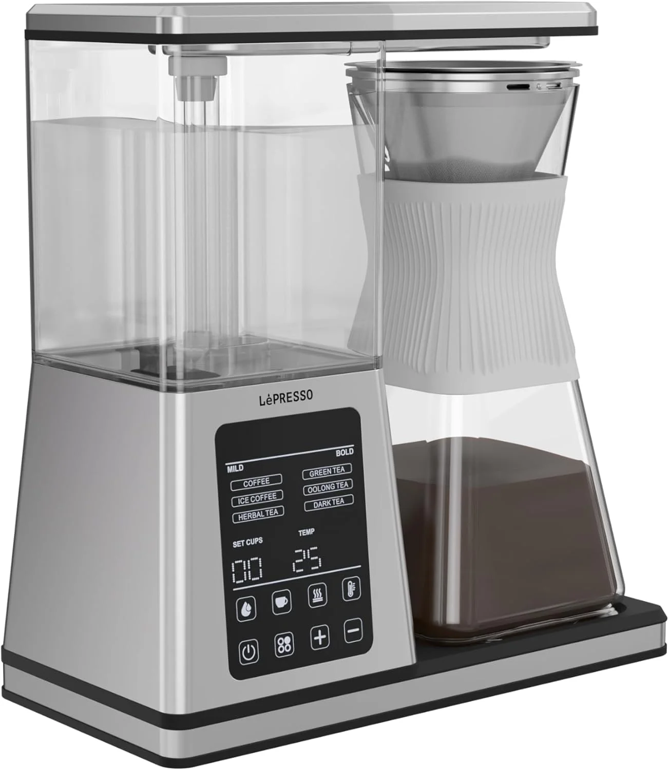 دستگاه چای ساز و قهوه ساز قطره ای LePresso Crystal Brew، ۱۴۰۰ وات، کنترل دیجیتال هوشمند، ظرفیت ۱.۲ لیتر، پایه گرم نگهدارنده، تهیه تا ۸ فنجان، بهترین دستگاه دم آور چای و قهوه برای خانه و محل کار - نقره ای