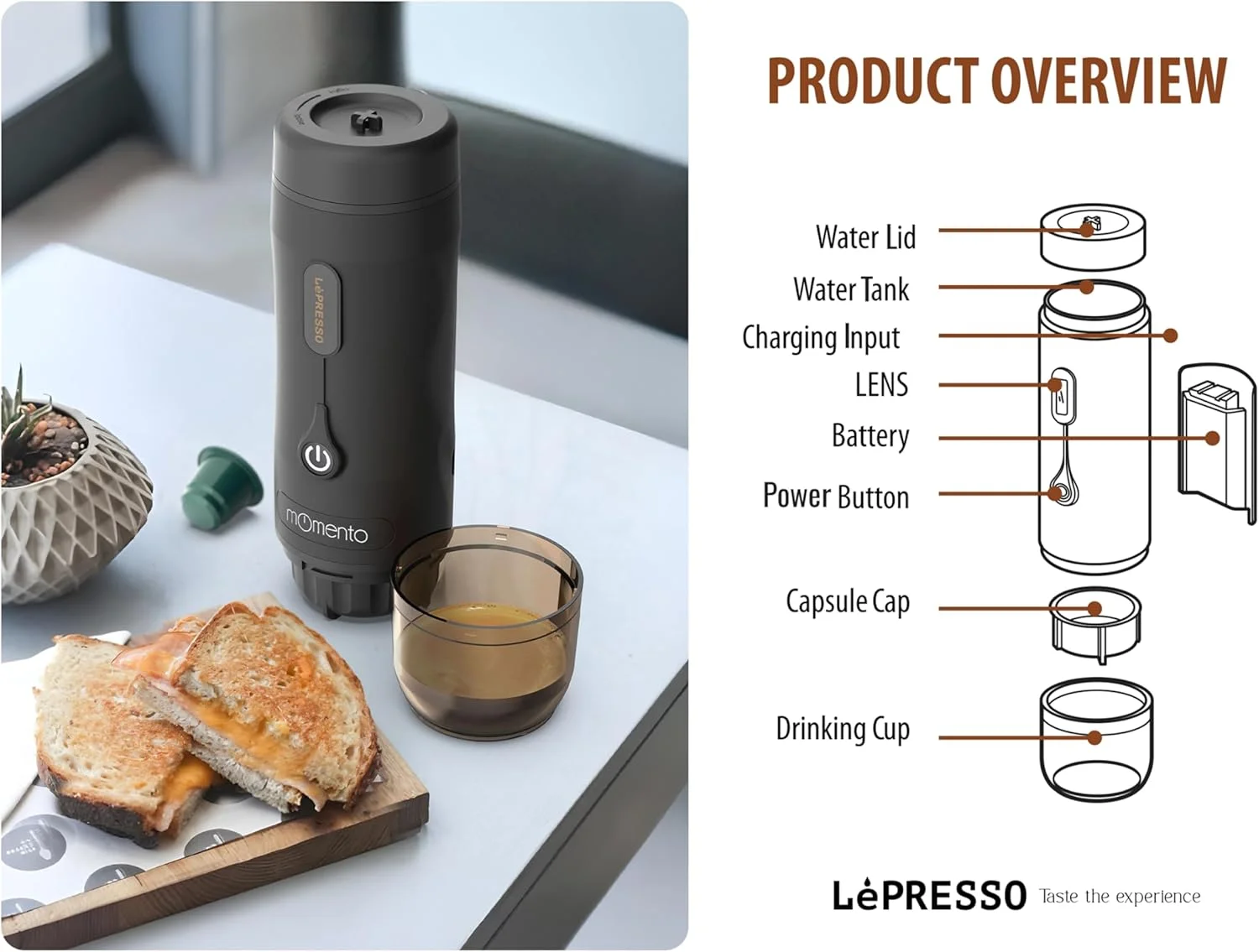 دستگاه قهوه ساز اسپرسو قابل حمل LePresso Momento 2.0، توان 75 وات، باتری 2500 میلی آمپر، مناسب سفر، ماجراجویی در فضای باز، اسپرسو ساز قابل حمل - مشکی