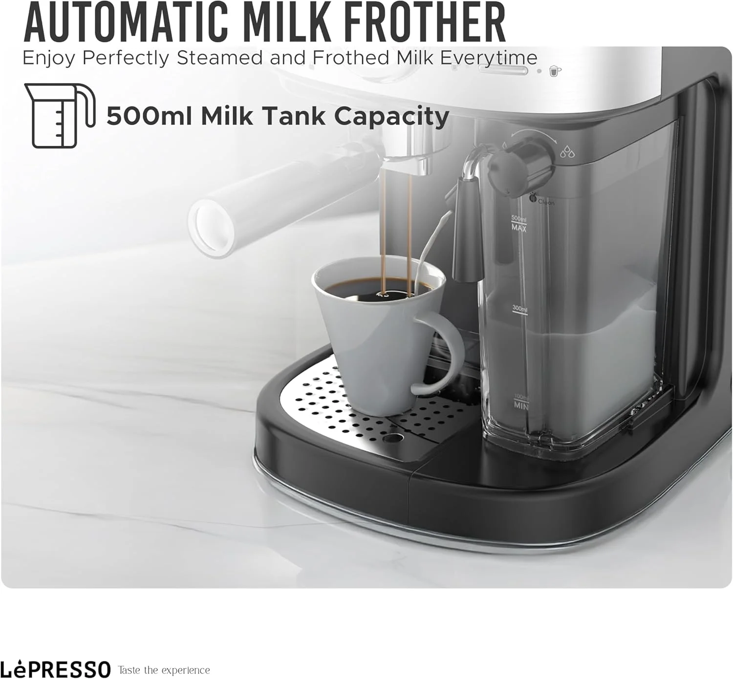 دستگاه قهوه ساز LePresso 20 بار، دستگاه اسپرسو ساز سازگار با کپسول NS و قهوه آسیاب شده، ظرفیت آب 1.7 لیتری، ظرفیت شیر 500 میلی لیتری، عملکرد کف شیر ساز، دستگاه اتوماتیک لاته و کاپوچینو ساز