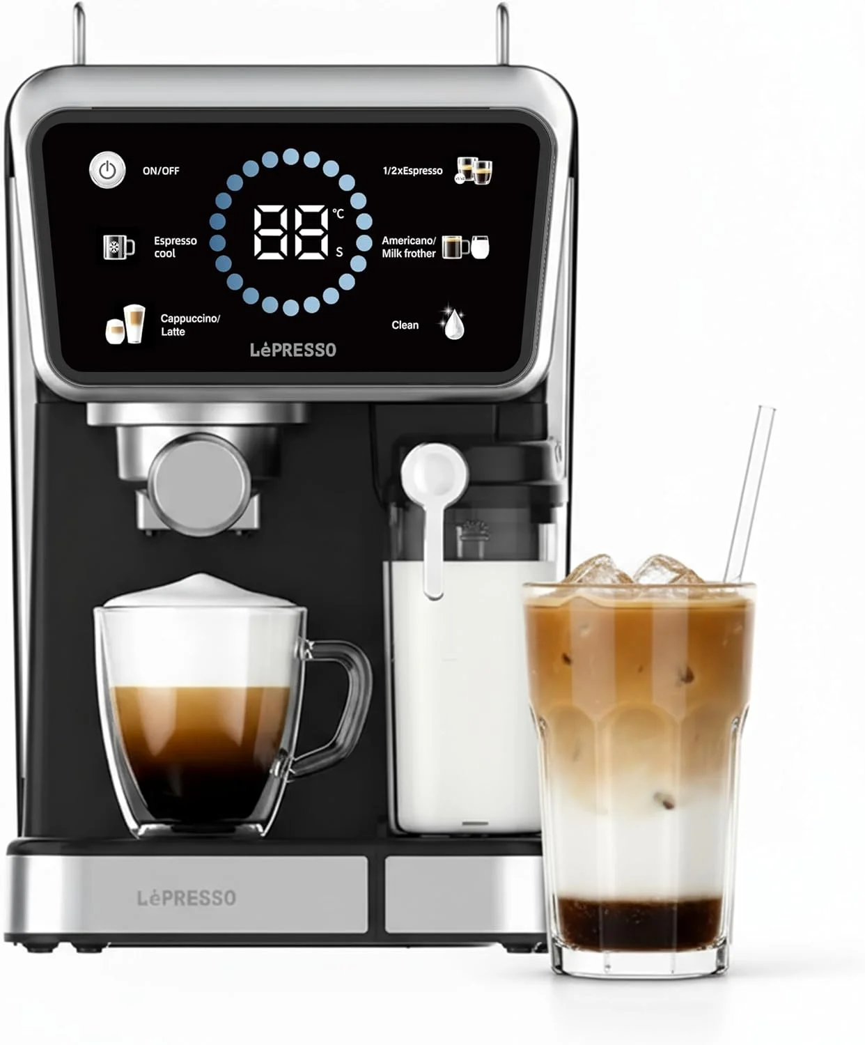 دستگاه قهوه ساز سرد و گرم LePresso، دستگاه اسپرسو ساز با کف ساز شیر، قهوه ساز خود تمیز شونده، دستگاه لاته ساز 20 بار، پنل لمسی، 4 عملکرد از پیش تعیین شده، دستگاه اسپرسو ساز 1350 وات، لاته، کاپوچینو