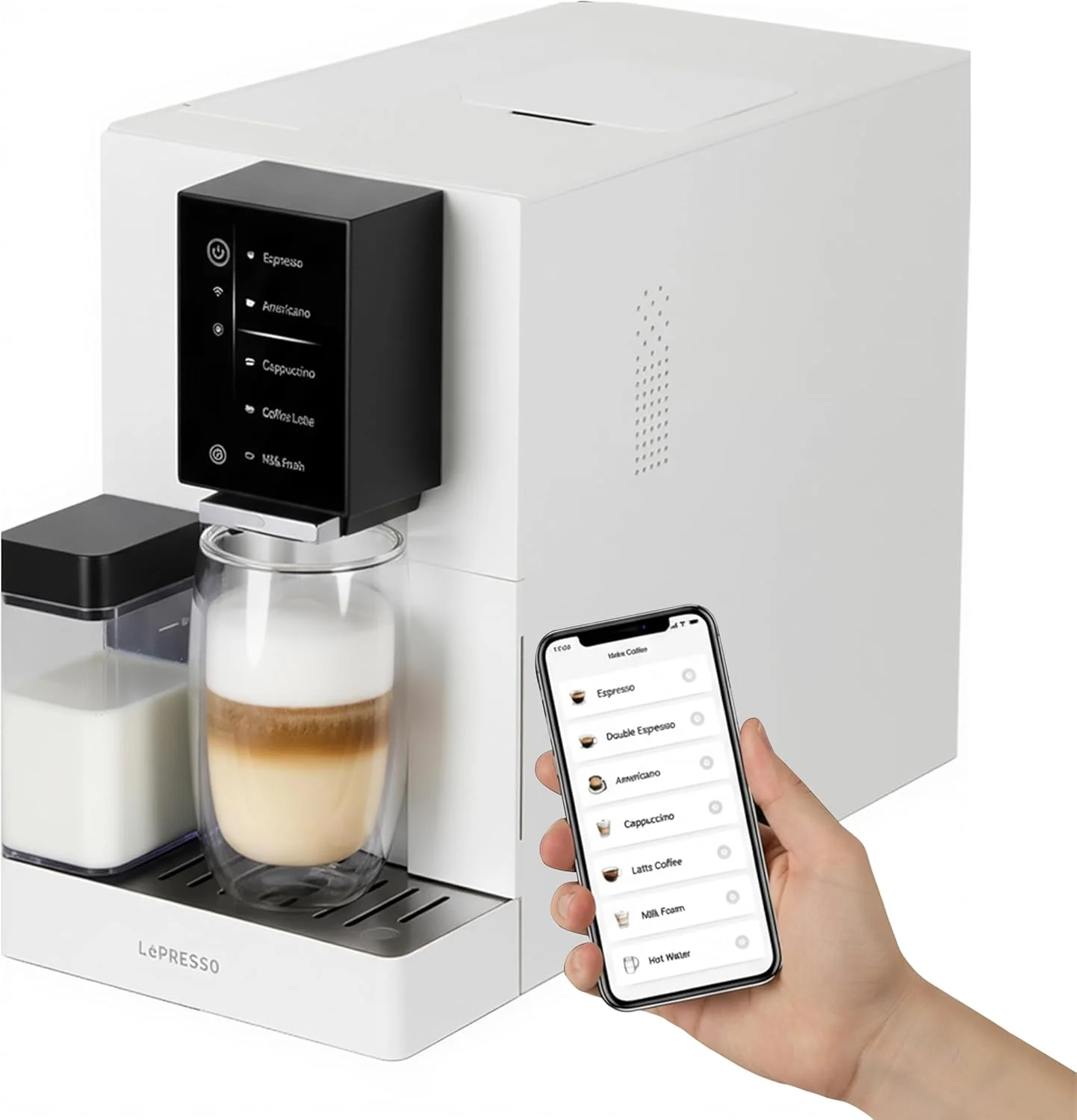 دستگاه قهوه ساز تمام اتوماتیک LePresso، دارای فوم ساز شیر، صفحه نمایش لمسی، پمپ 19 بار ایتالیایی، اپلیکیشن موبایل، ظرفیت آب 1.2 لیتر، 1480 وات، مناسب منزل/دفتر
