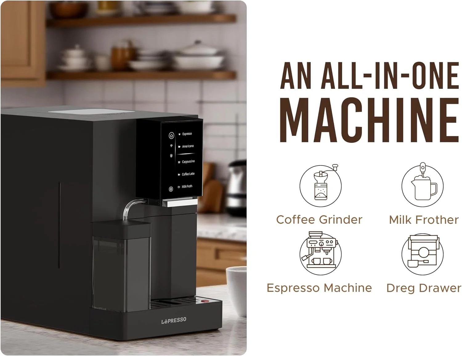 دستگاه قهوه ساز تمام اتوماتیک LePresso، دارای فوم ساز شیر، صفحه نمایش لمسی، پمپ 19 بار ایتالیایی، اپلیکیشن موبایل، ظرفیت آب 1.2 لیتر، 1480 وات، مناسب منزل/دفتر