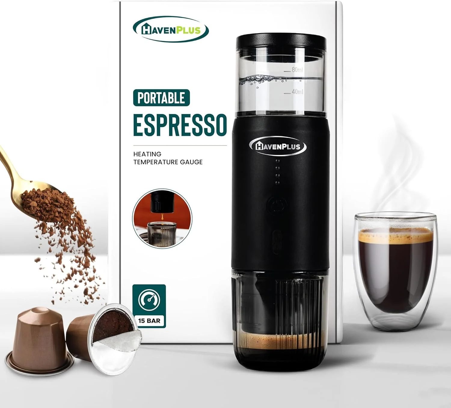 دستگاه اسپرسوساز قابل حمل، گرم شدن خودکار در 3-4 دقیقه، فشار 15 بار، استیل ضد زنگ با گرید غذایی، باتری 7500 میلی آمپر ساعت - ایده آل برای مسافرت، ماشین، خانه و دفتر - سازگار با کپسول های قهوه و قهوه آسیاب شده.