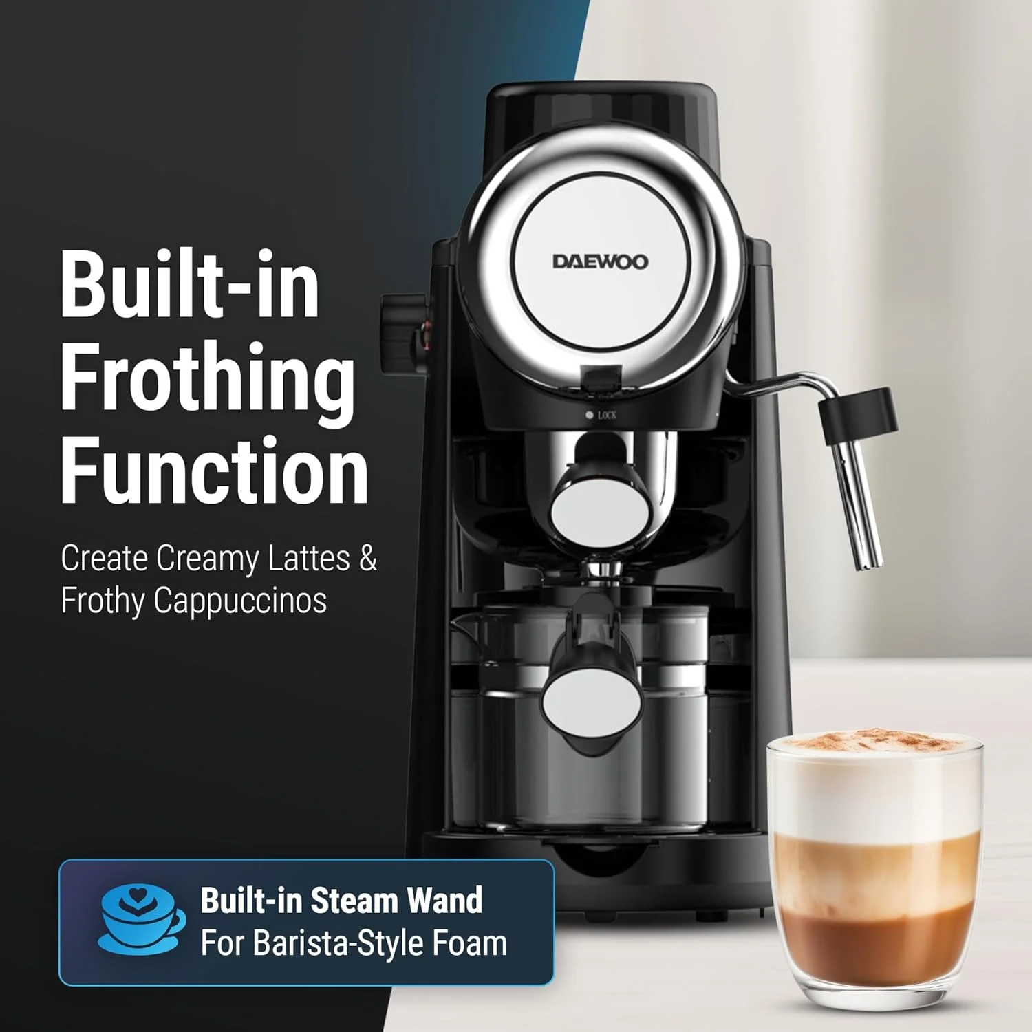 دستگاه قهوه ساز Daewoo – پمپ باریستا با کف ساز شیر داخلی برای کاپوچینو، لاته، ماکیاتو، دستگاه اسپرسو با محافظت در برابر گرمای بیش از حد، رهاسازی خودکار فشار – DES-4840