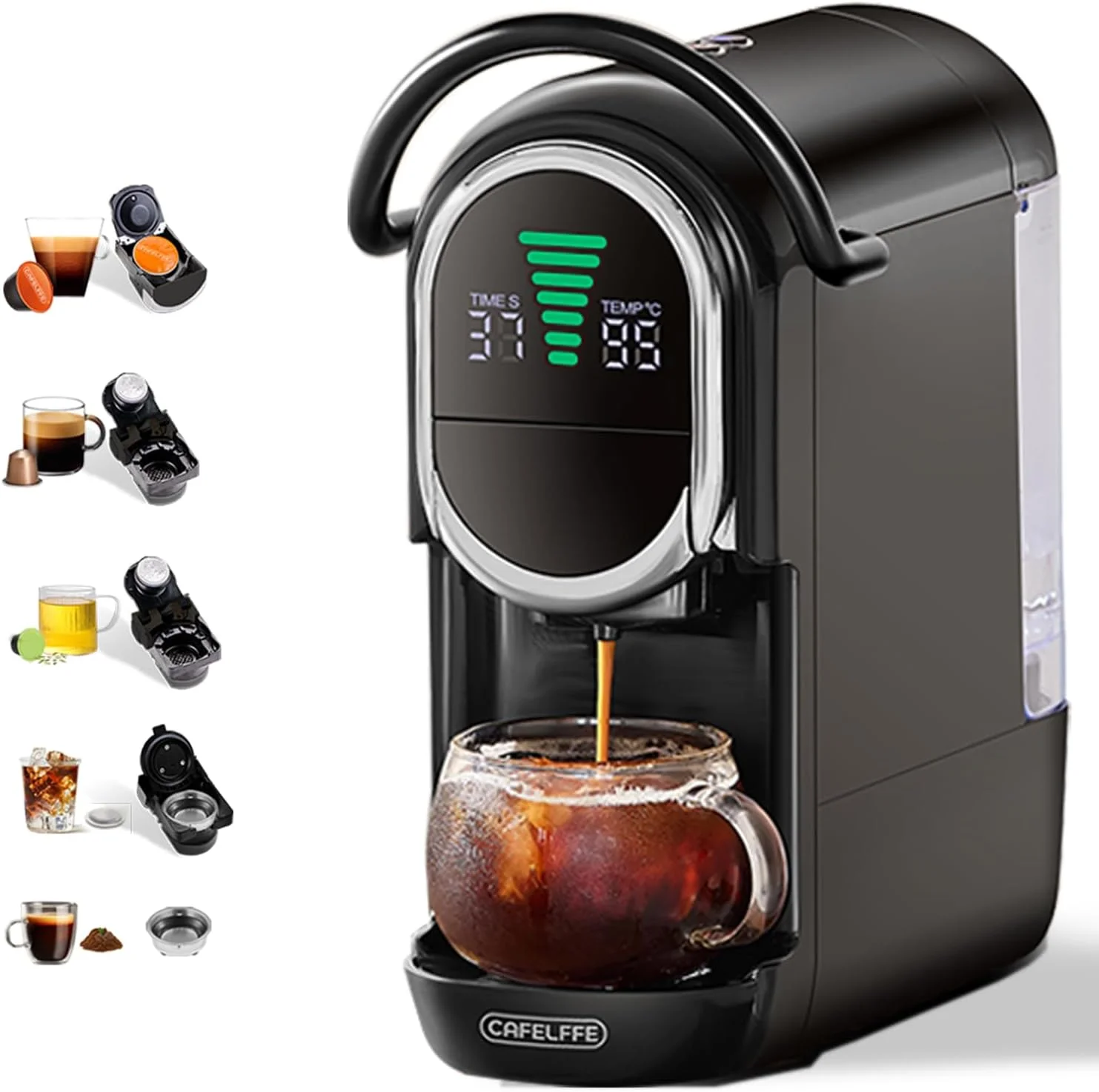 دستگاه اسپرسوساز کافلffe مدل MK-609S با فشار 19 بار، دستگاه قهوه ساز 4 در 1 برای کپسول های نس اورجینال/DG/پودر قهوه/پد 44 میلی متری ESE، دم آوری سرد/گرم، 7 سطح قابل تنظیم آب، مشکی